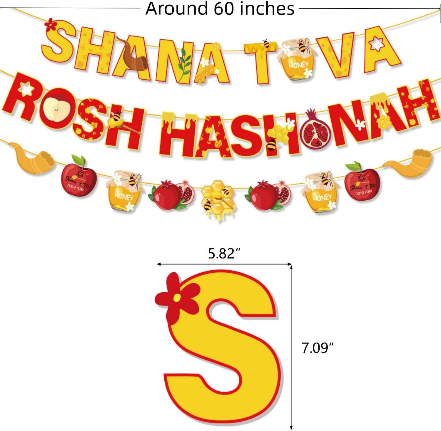 Rosh Hashanah Bunting Garland, Shana Tova Pomegranate Menorah Honey Pot Decor (3PCS)