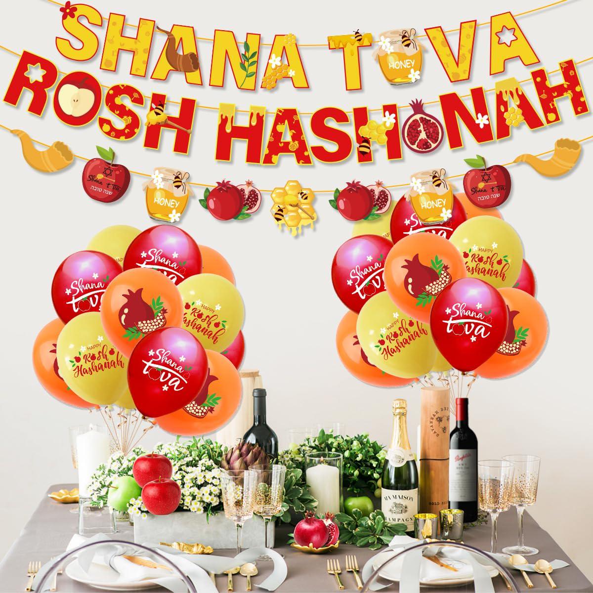 Rosh Hashanah Bunting Garland, Shana Tova Pomegranate Menorah Honey Pot Decor (3PCS)
