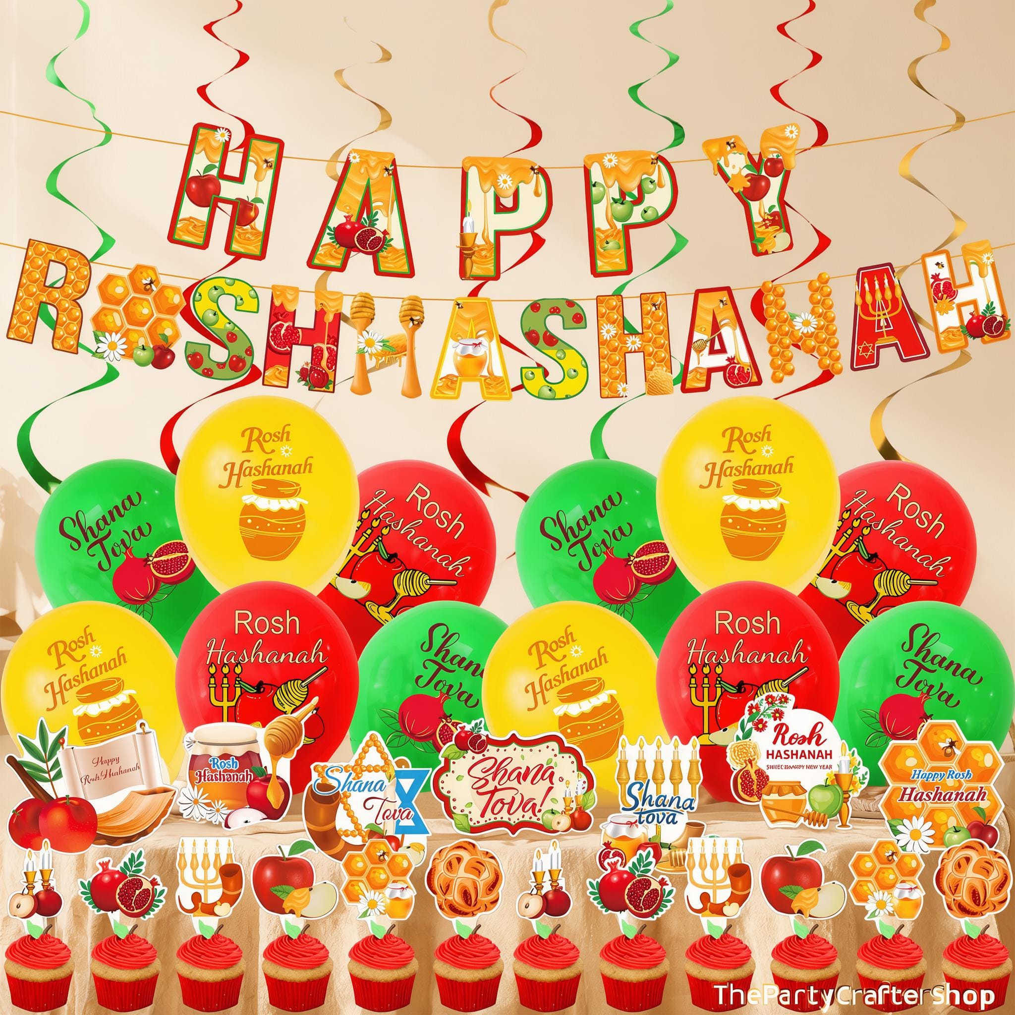 Rosh Hashanah Decoration Kit, Shana Tova Banner, Honey, Apples, Pomegranates, Balloons