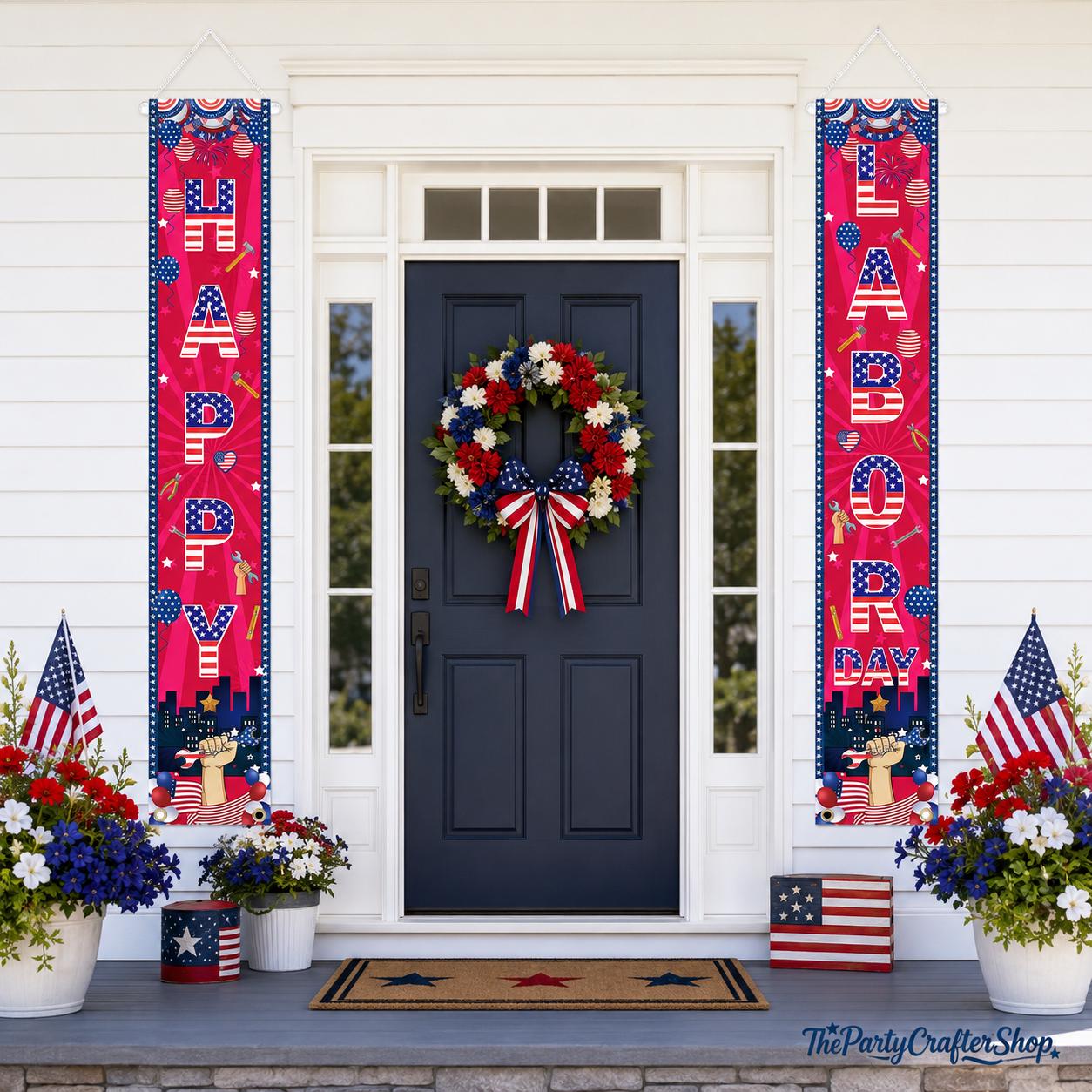 Patriotic Labor Day Door Banner Set, Stars Stripes City Silhouette Decor