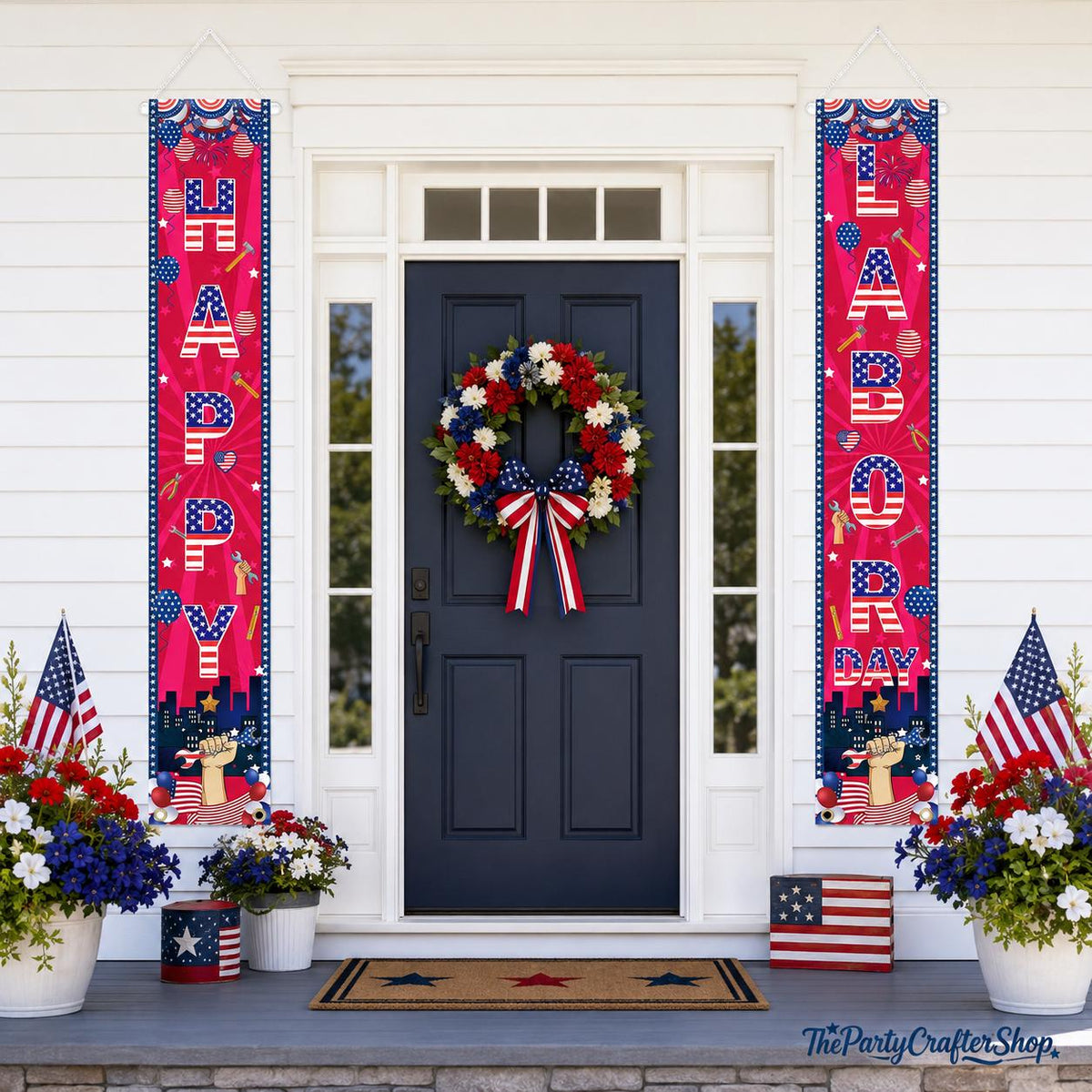 Patriotic Labor Day Door Banner Set, Stars Stripes City Silhouette Decor