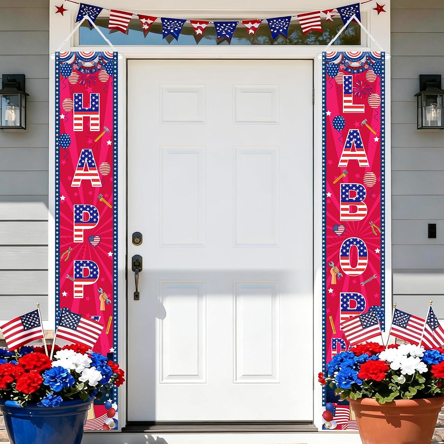 Patriotic Labor Day Door Banner Set, Stars Stripes City Silhouette Decor