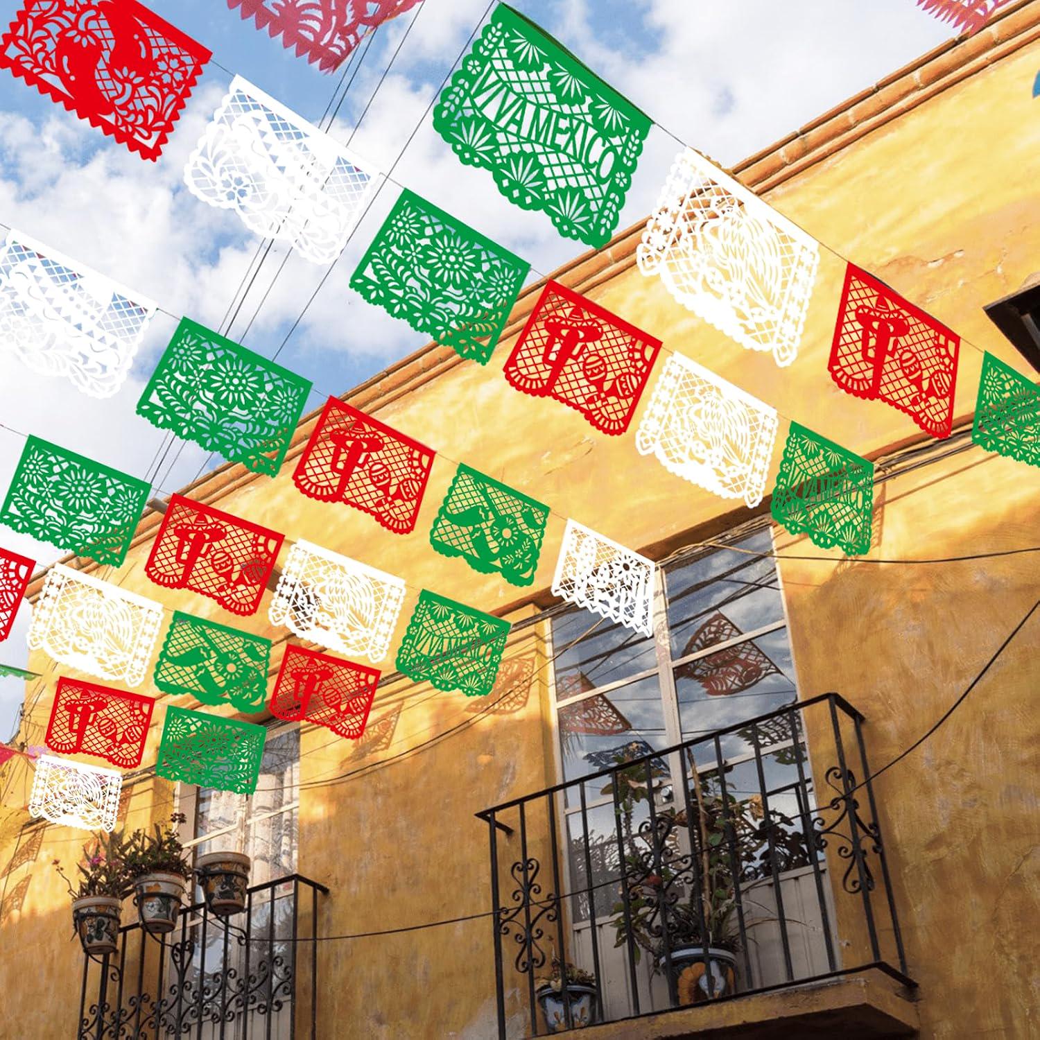 Papel Picado Banner, Mexican Independence Day Fiesta Decor, Red Green White Bunting