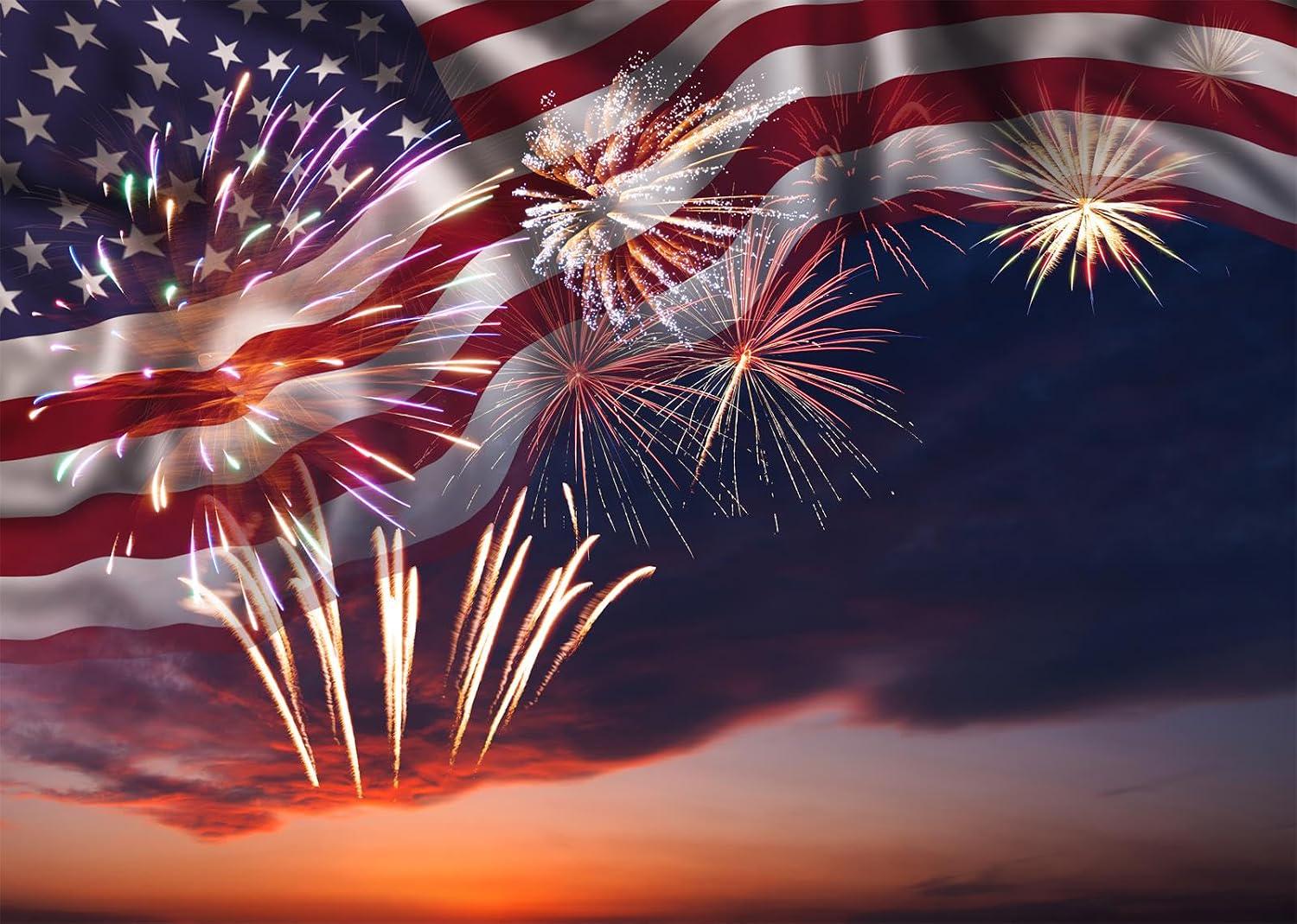 20x10ft American Flag Backdrop, Patriotic Fabric Photo Background with Fireworks for 4th of July, Memorial Day, Veterans Day Decor