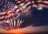 20x10ft American Flag Backdrop, Patriotic Fabric Photo Background with Fireworks for 4th of July, Memorial Day, Veterans Day Decor
