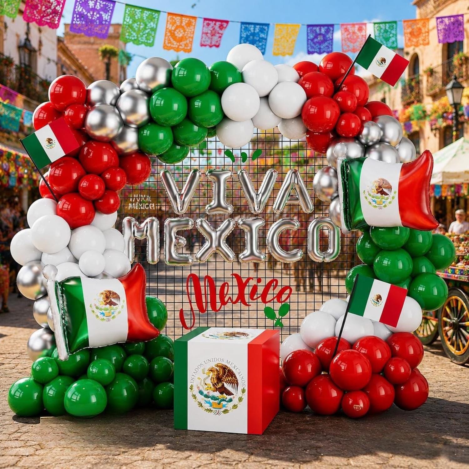 Viva Mexico Balloon Garland Kit, Red Green White Silver, Fiesta Party Decor
