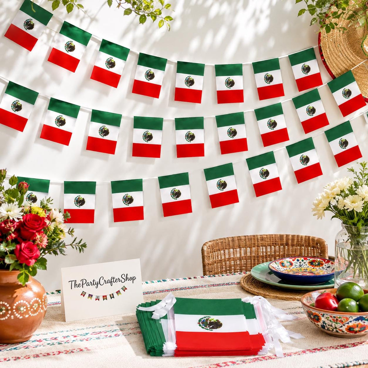 Mexican Flag Banner, 33ft, 30 Polyester Flags, Fiesta Party Decor