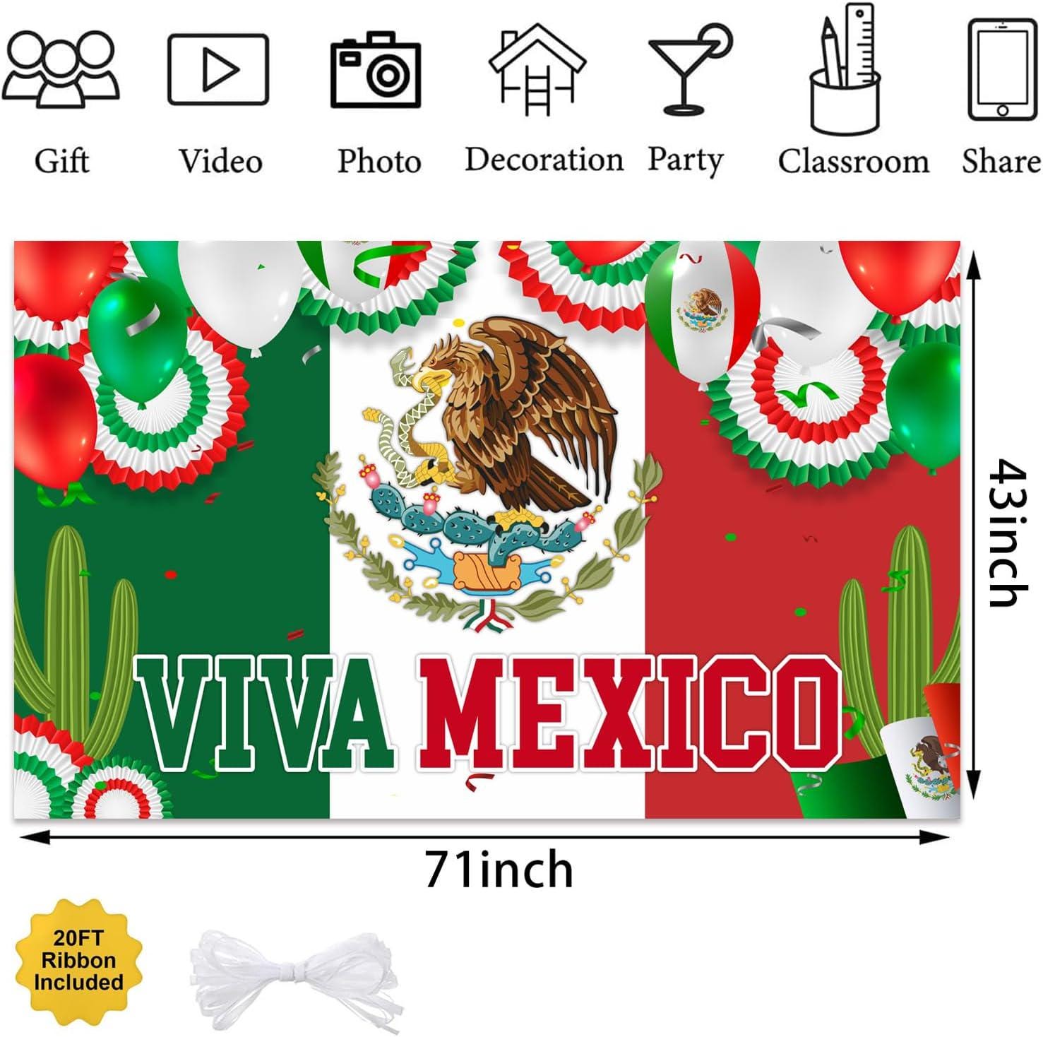 Viva Mexico Banner Backdrop, Mexican Independence Day Decorations, Dia de Mexico Fiesta Party Decor