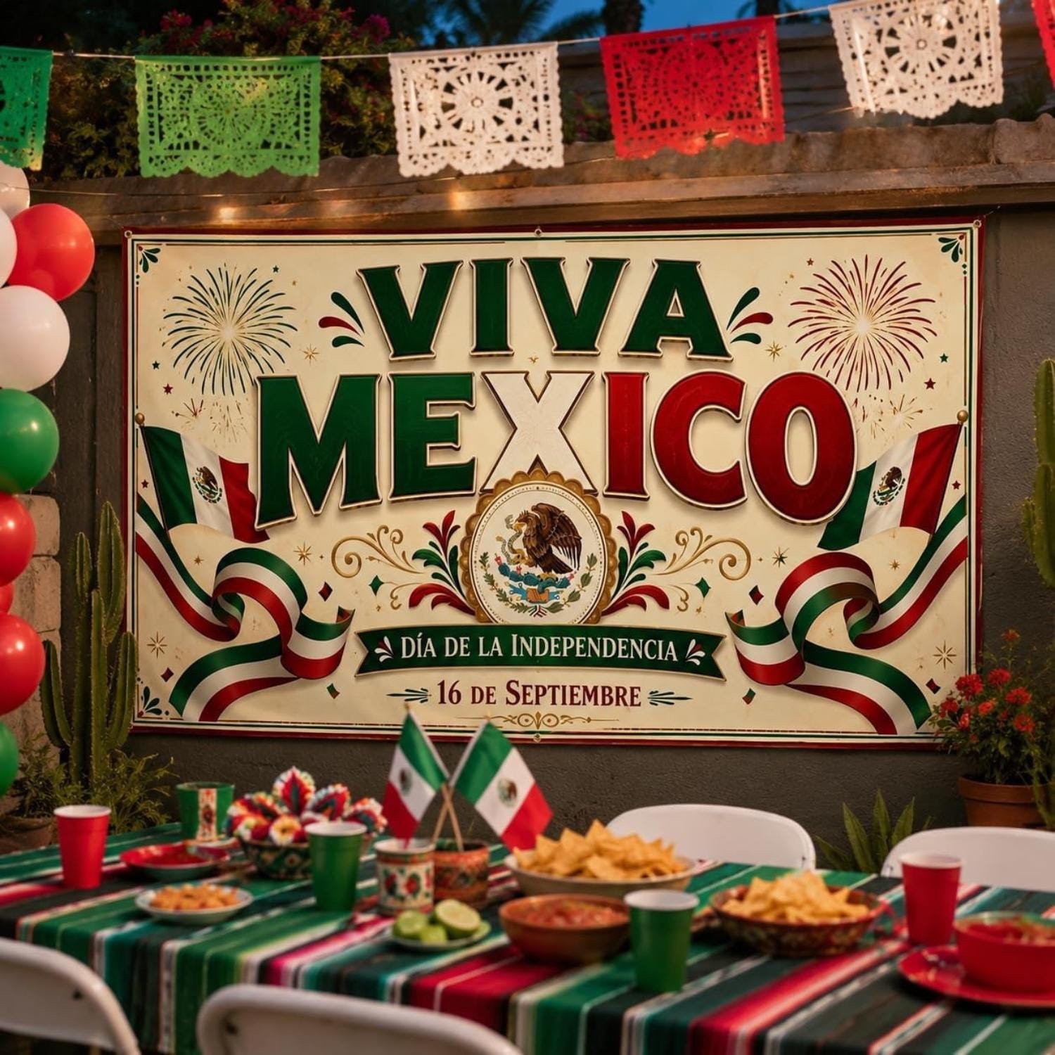 Viva Mexico Banner, Mexican Independence Day Fiesta Backdrop, Polyester Fabric Decorations