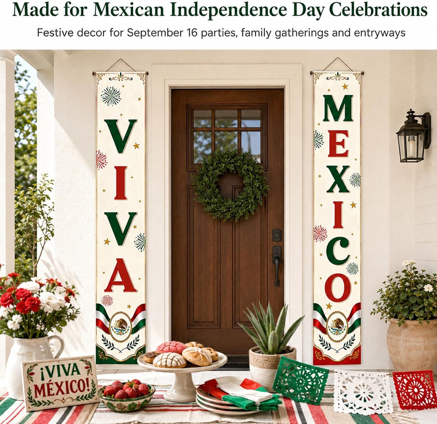 Viva Mexico Vertical Banners, Patriotic Fiesta Party Decor, 72x12 Inch