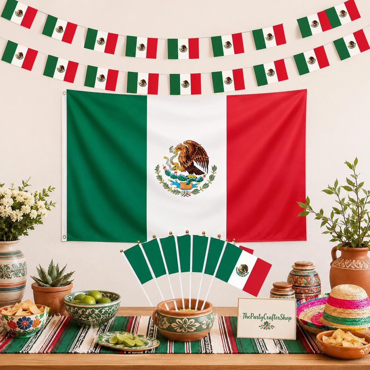 Mexico Flag Decoration Set, Banner, Handheld Flags, Polyester Fabric, Cultural Display