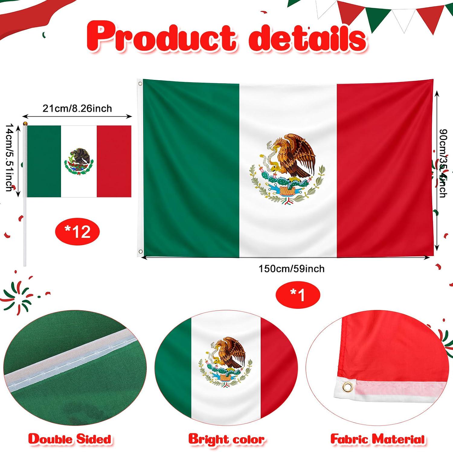 Mexico Flag Decoration Set, Banner, Handheld Flags, Polyester Fabric, Cultural Display