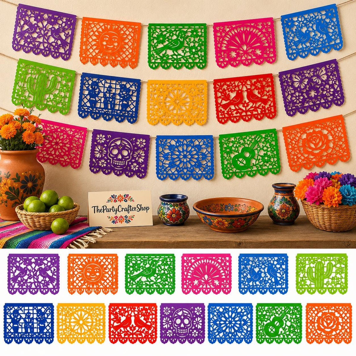 Mexican Papel Picado Banner 18FT, Plastic Fiesta Garland, independence day Party Decorations