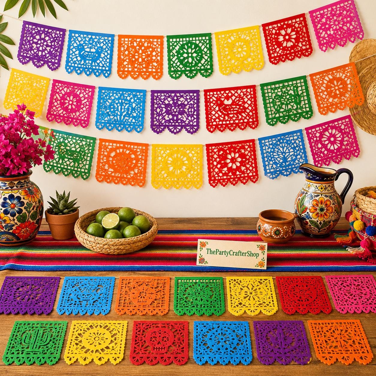 Papel Picado Banner, Mexican Fiesta Garland, Colorful Plastic Panels (4 Packs)