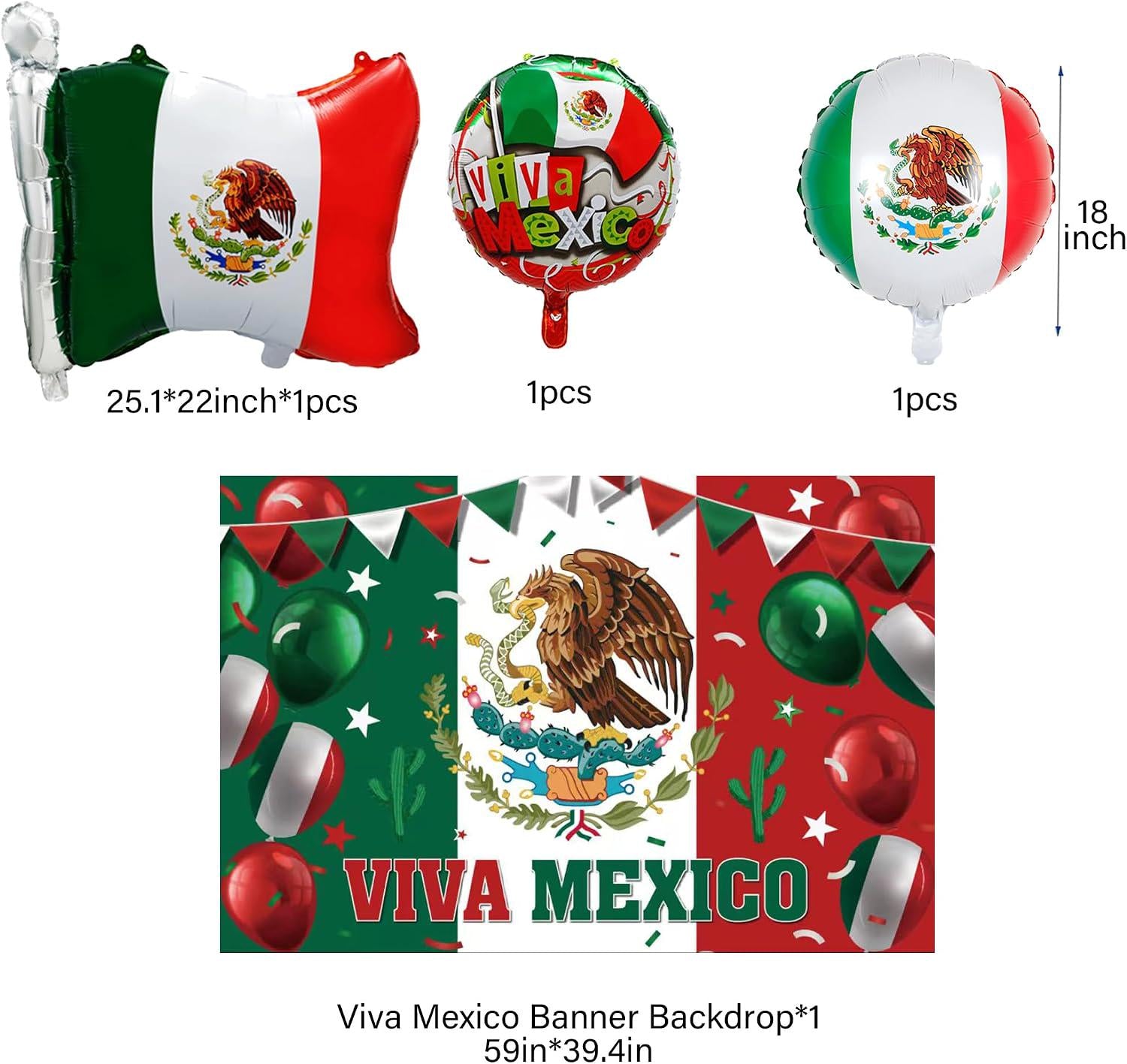 Mexican Independence Day Balloon Garland Kit, Viva Mexico Backdrop, Foil Balloons (105+3)