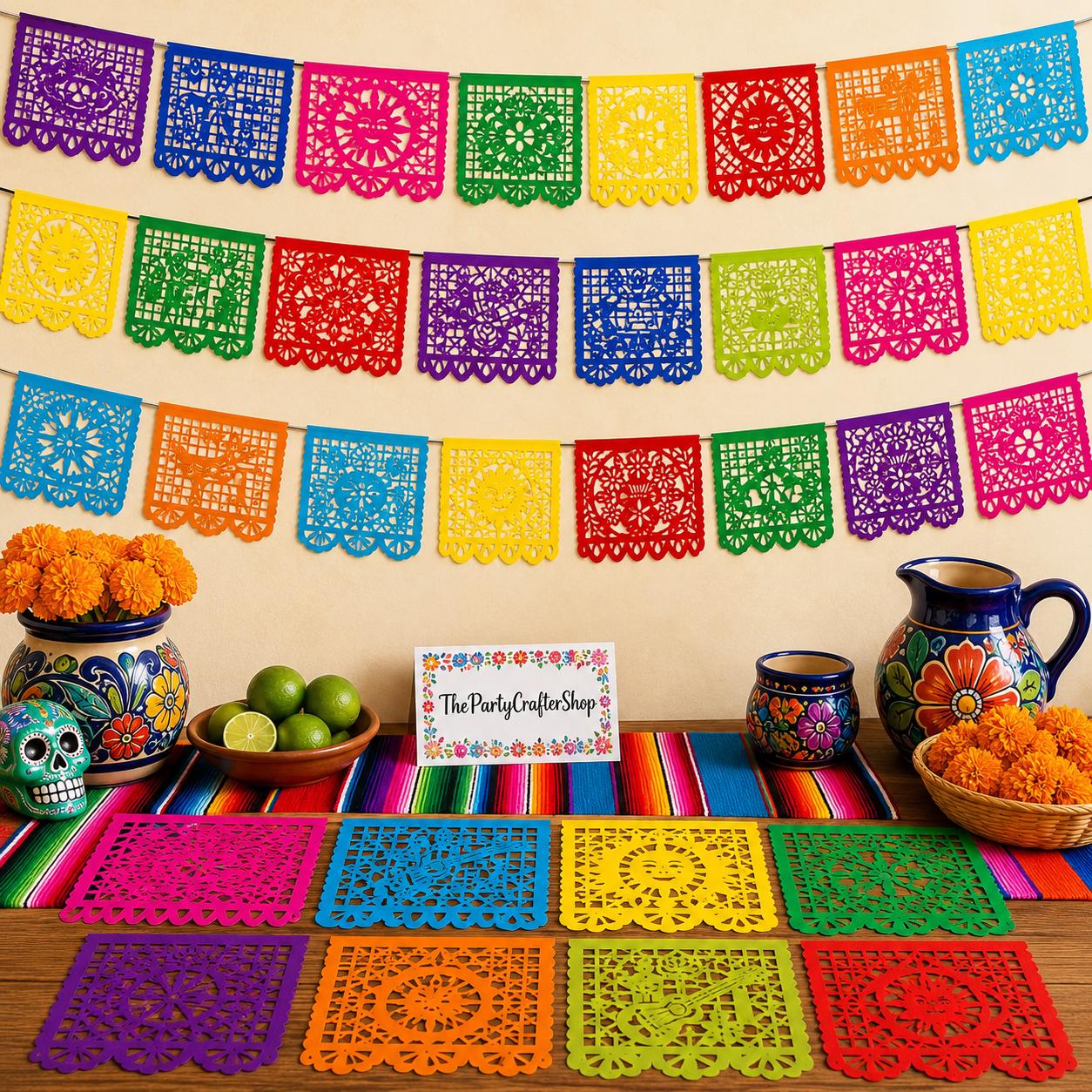 Papel Picado Banners, Mexican Fiesta Decorations, Colorful Plastic Party Banners