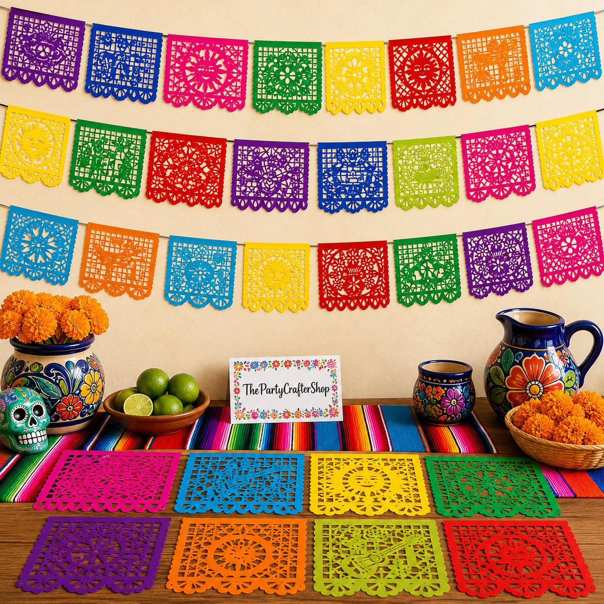 Papel Picado Banners, Mexican Fiesta Decorations, Colorful Plastic Party Banners