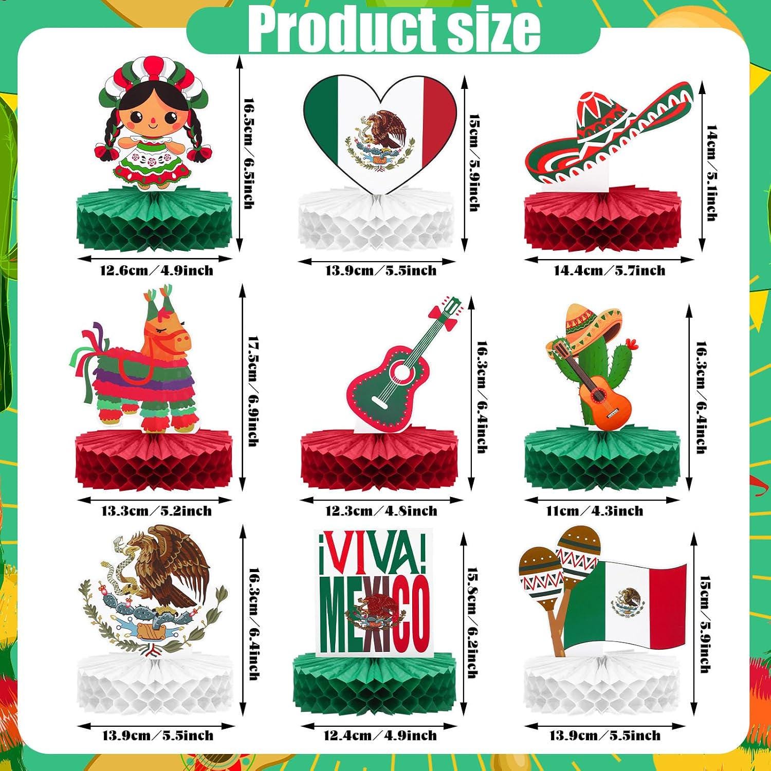 Viva Mexico Honeycomb Centerpieces, 9-Piece Fiesta Table Decor (Red, Green, White)