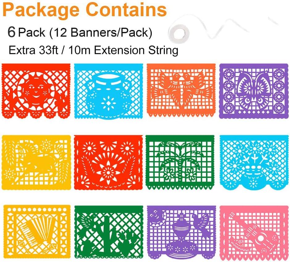 Mexican Papel Picado Banner 132FT 6 Pack, Waterproof Fiesta Garland, Colorful Banderas Party Decorations