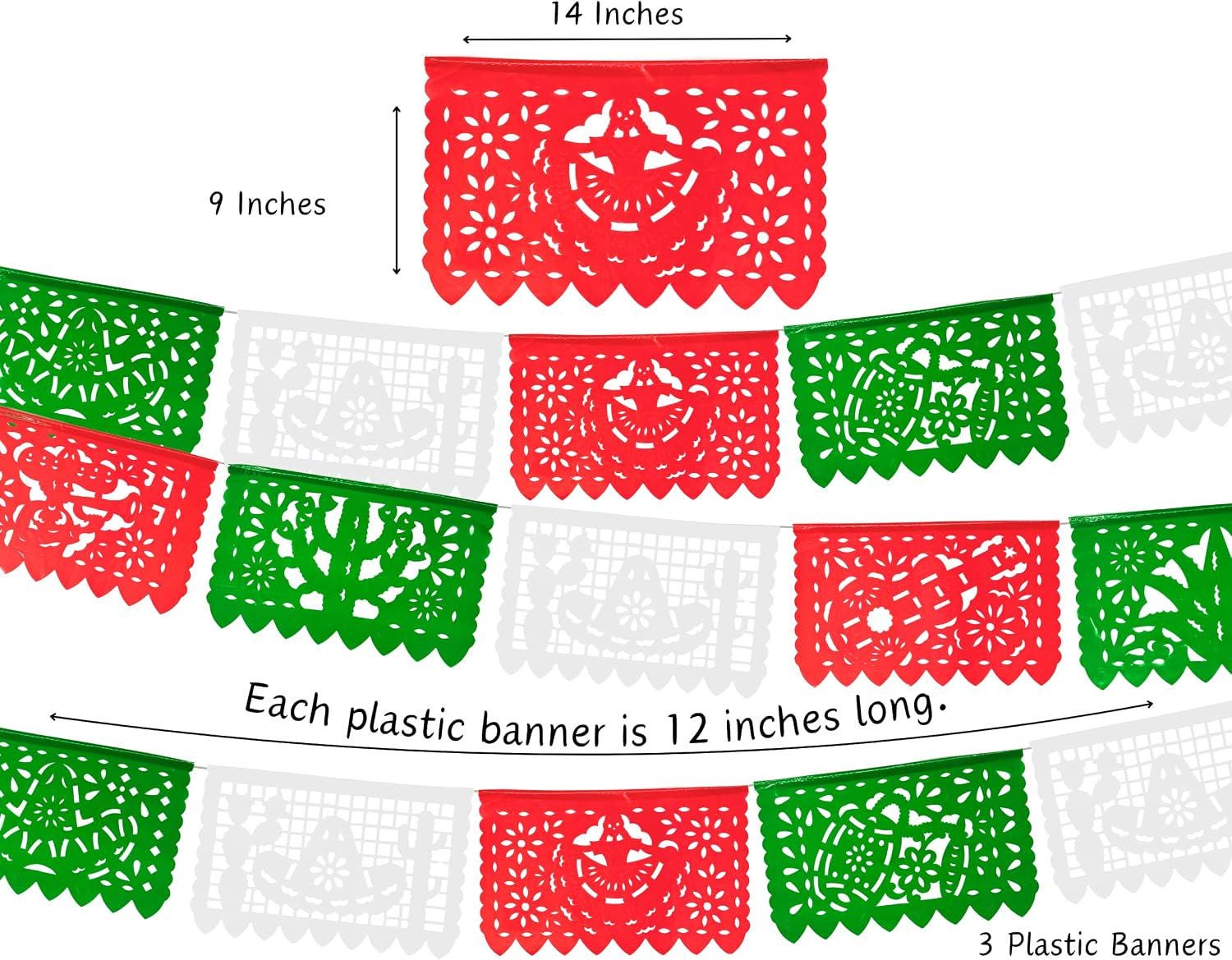 Red Green White Papel Picado Banner 3 Pack, Mexican Independence Day Tricolor Fiesta Decorations