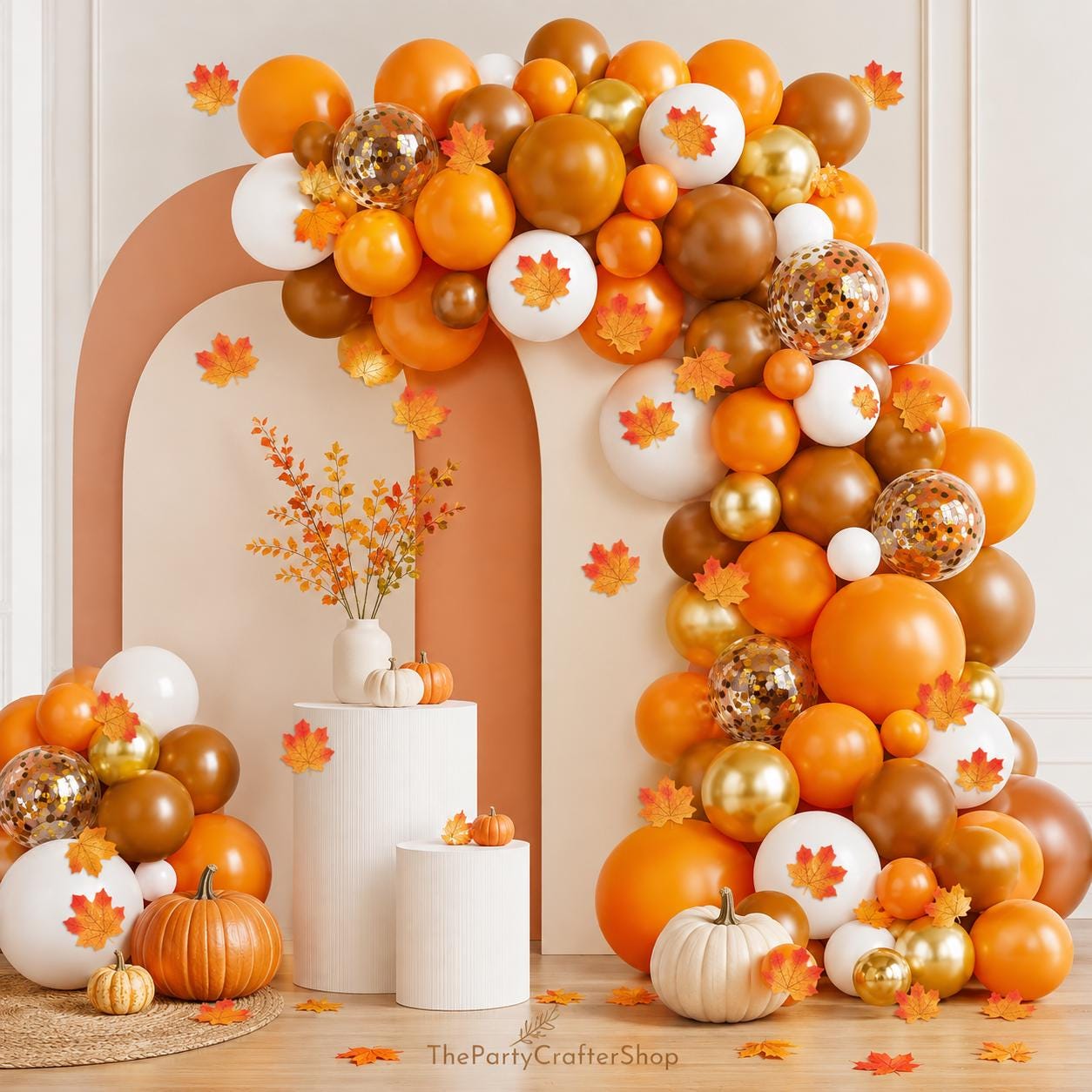 Fall Balloon Arch Kit, Burnt Orange Coffee Brown Sand White Garland, Maple Leaves, Thanksgiving Decor