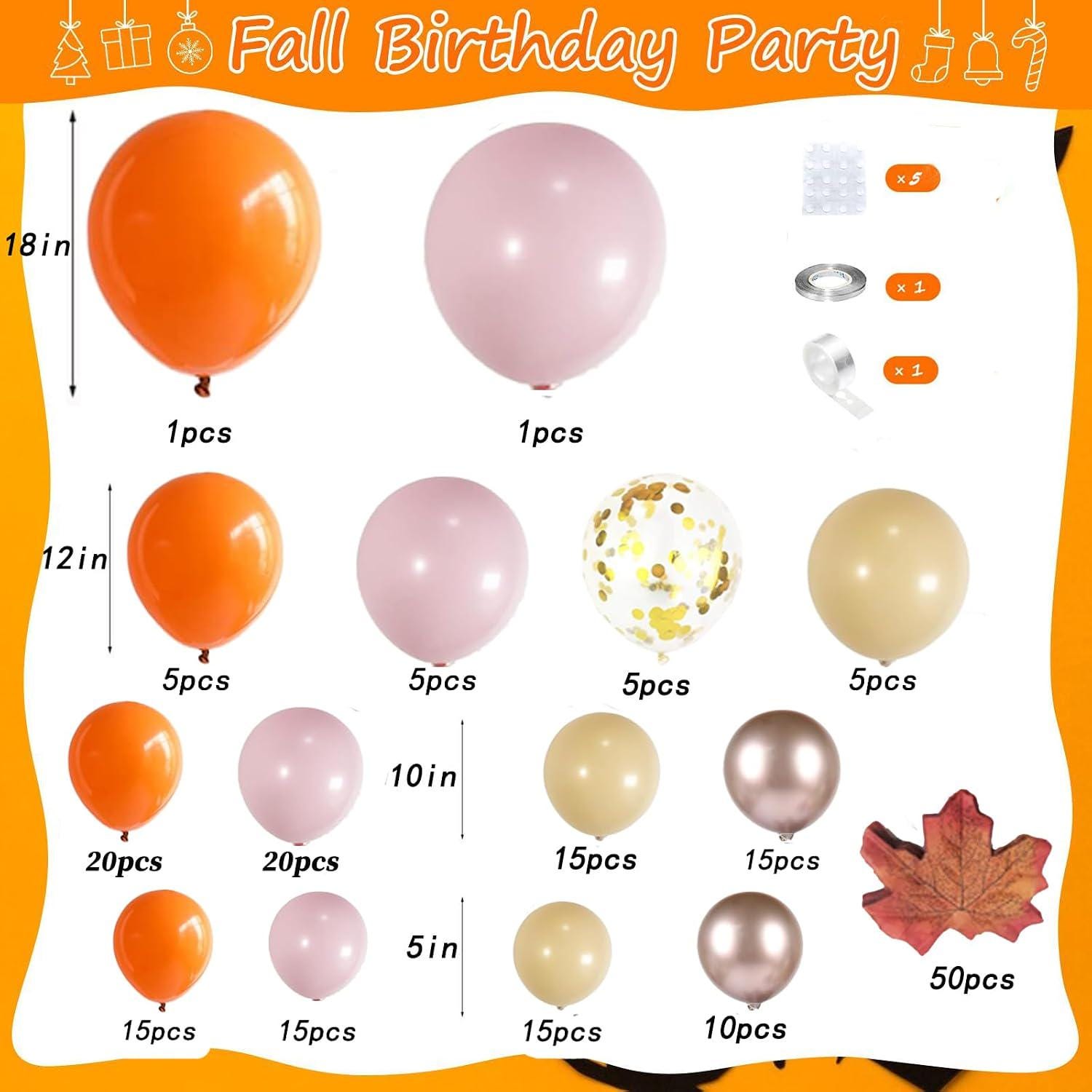 201-Piece Fall Balloon Arch Kit, Burnt Orange Pink Garland, Maple Leaf Pumpkin Decor