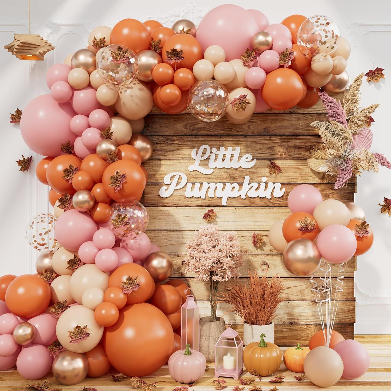 201-Piece Fall Balloon Arch Kit, Burnt Orange Pink Garland, Maple Leaf Pumpkin Decor