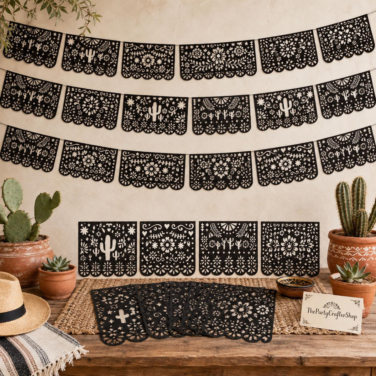 Mexican Papel Picado Banner 4 Pack, Black Fiesta Garland, Cielito Lindo Decor