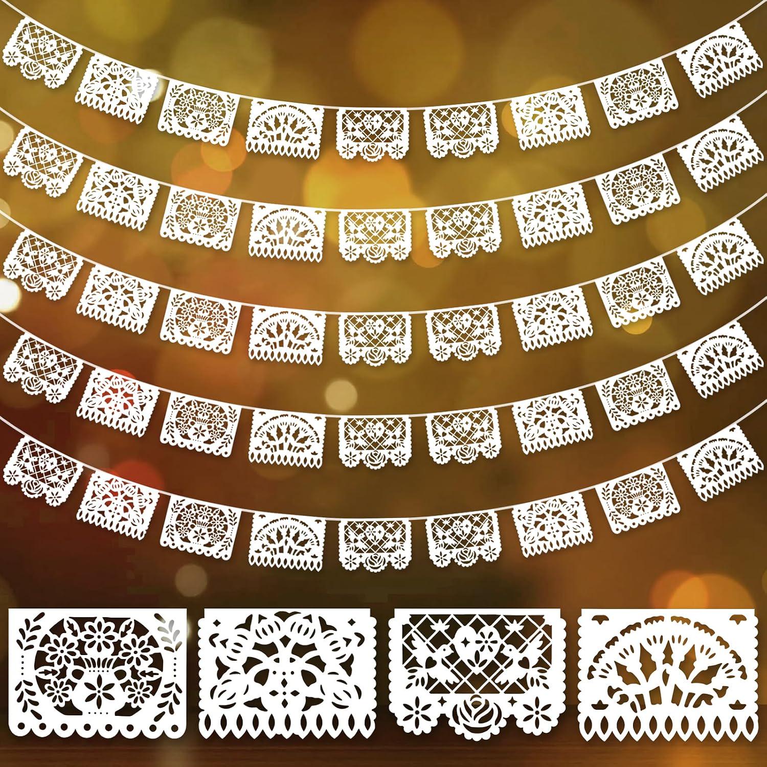 White Papel Picado Banner Set, Mexican Fiesta Wedding Decor (5 Pack)