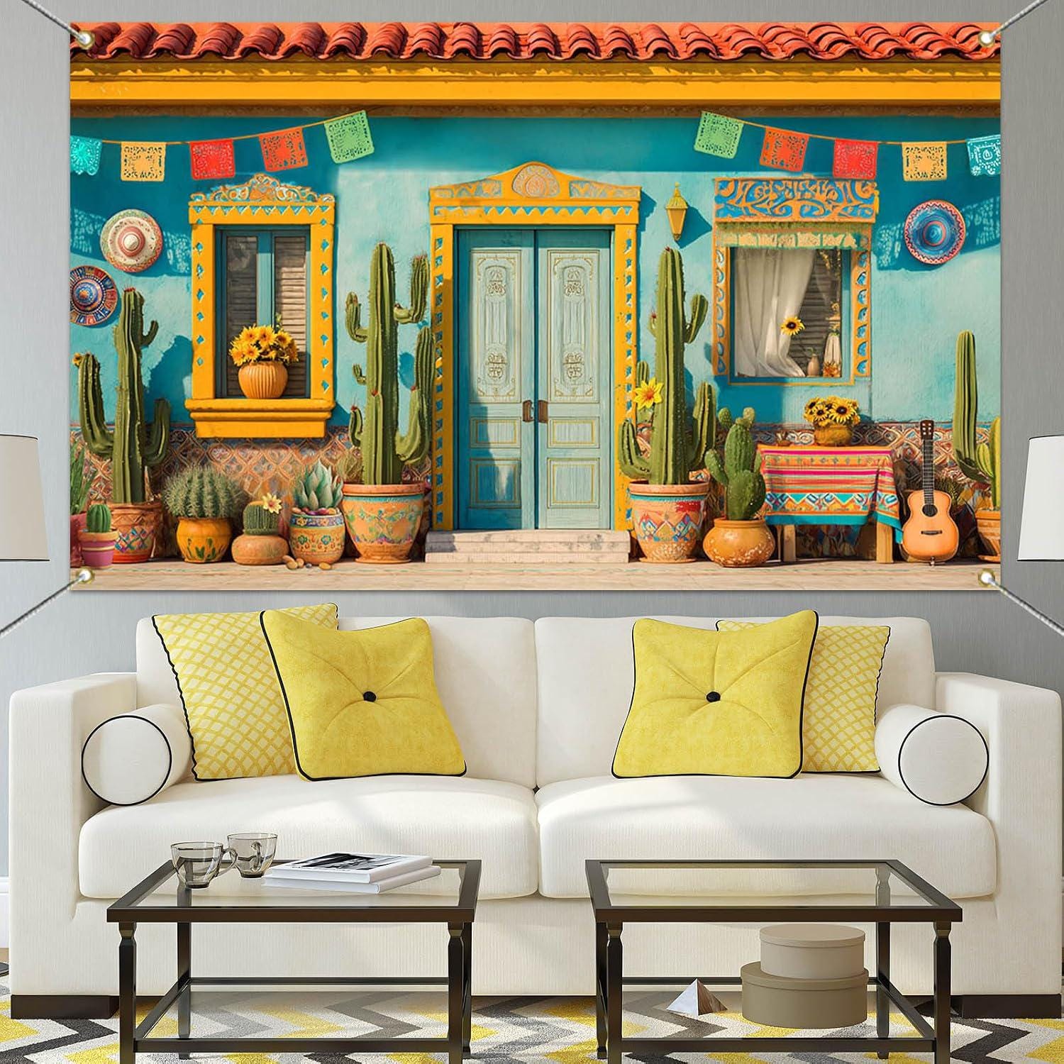 Mexican Fiesta Backdrop, Papel Picado, Cacti, Sombreros (70.8 x 43.3 Inch)