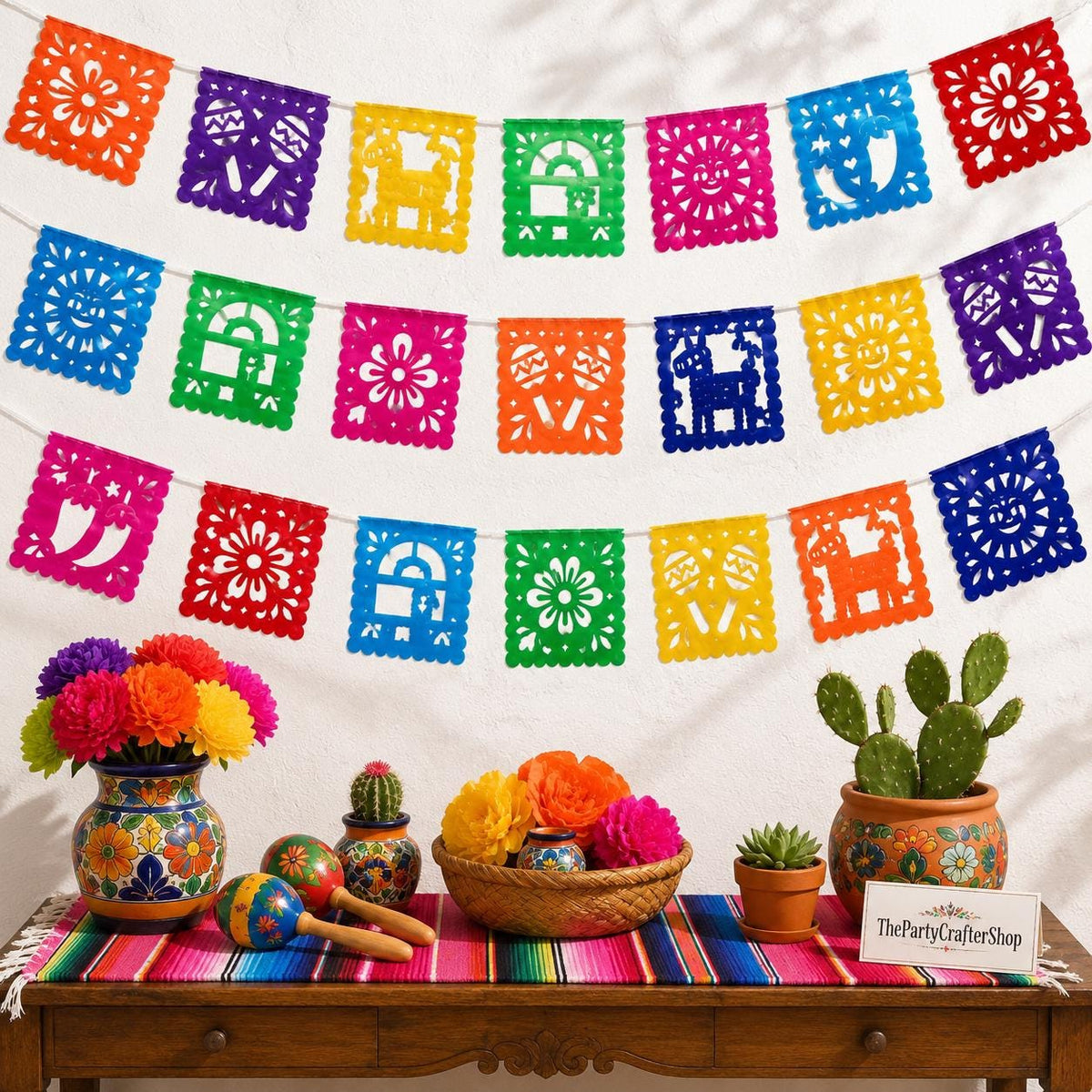 Mini Papel Picado Banner, Mexican Fiesta Decorations, Plastic Flags (2 Pack)