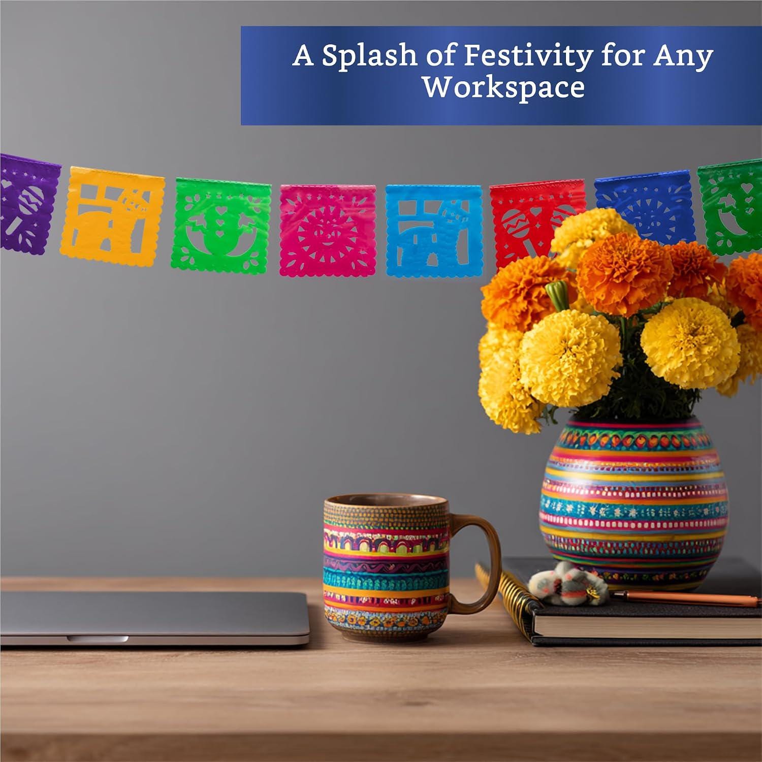 Mini Papel Picado Banner, Mexican Fiesta Decorations, Plastic Flags (2 Pack)