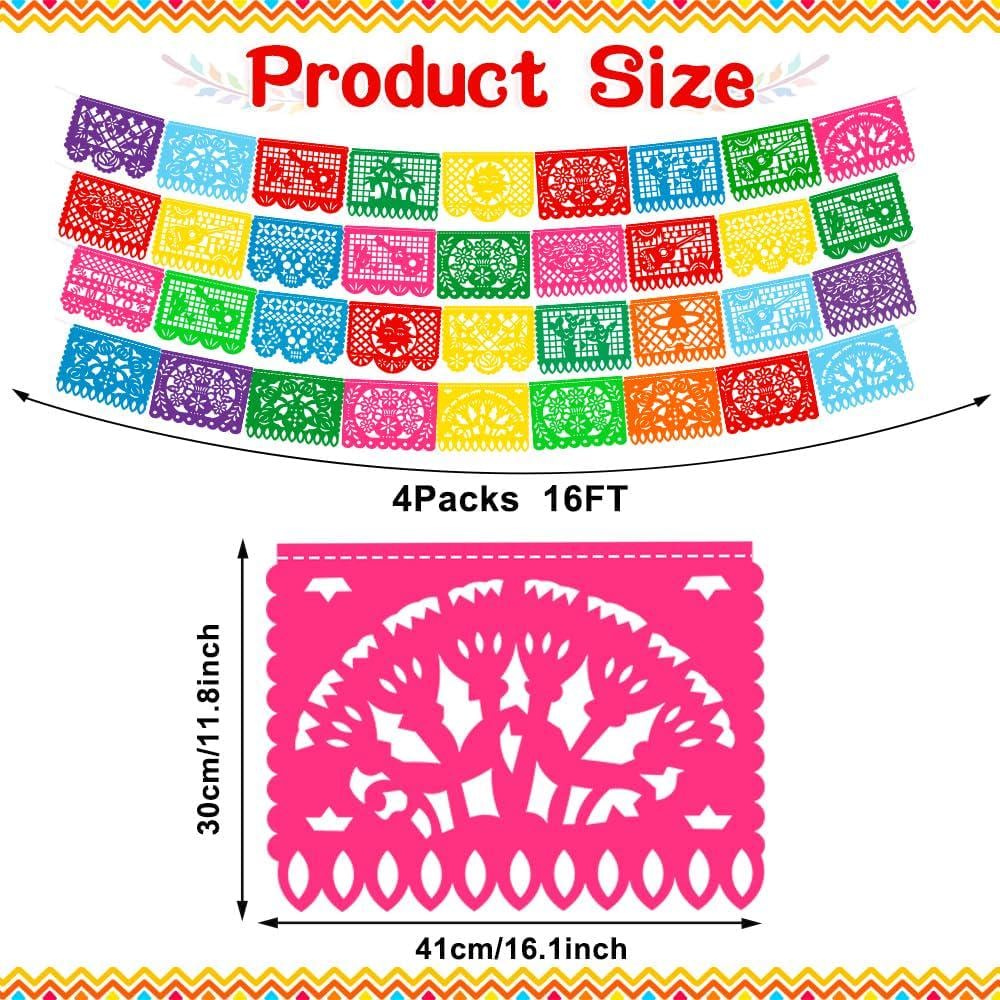 Colorful Papel Picado Banner Set, Mexican Fiesta Party Decor (4 Pack)