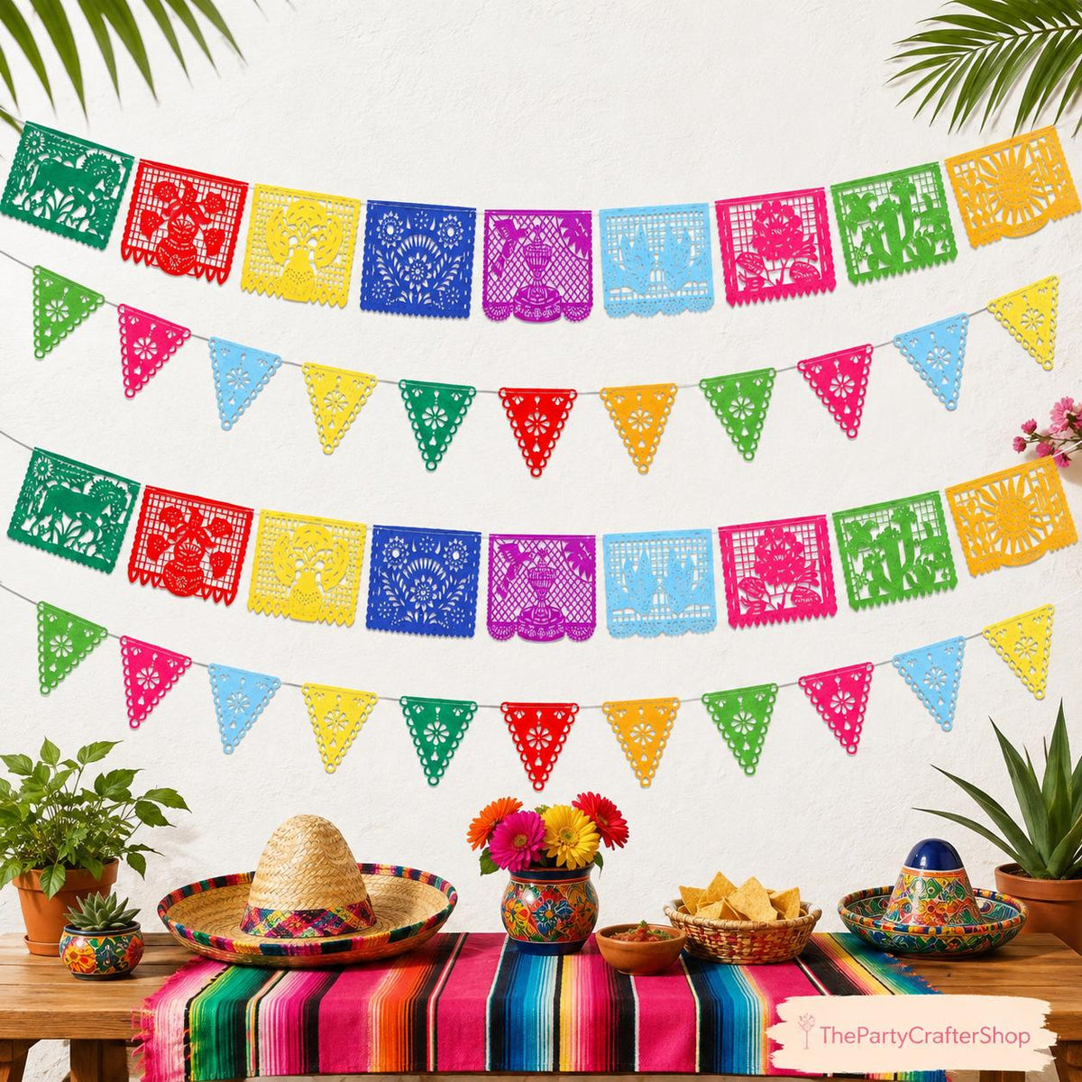 Felt Fiesta Banner 4 Pack, Colorful Mexican Papel Picado Garland, Party Decor