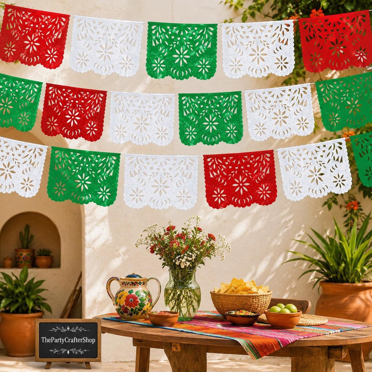 Mexican Papel Picado Banner 4 Pack, Green White Red Plastic Fiesta Garland Party Decor