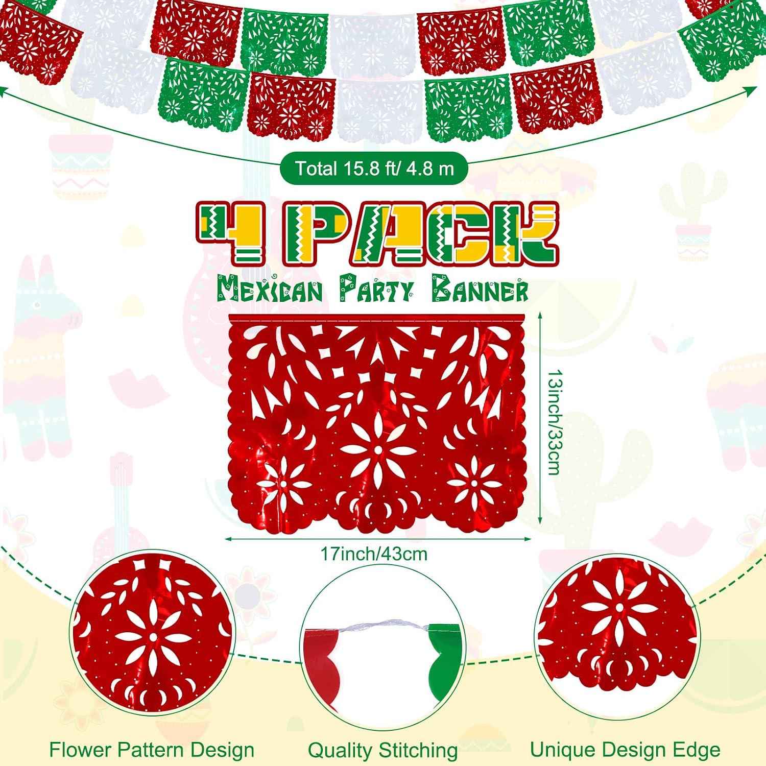 Mexican Papel Picado Banner 4 Pack, Green White Red Plastic Fiesta Garland Party Decor