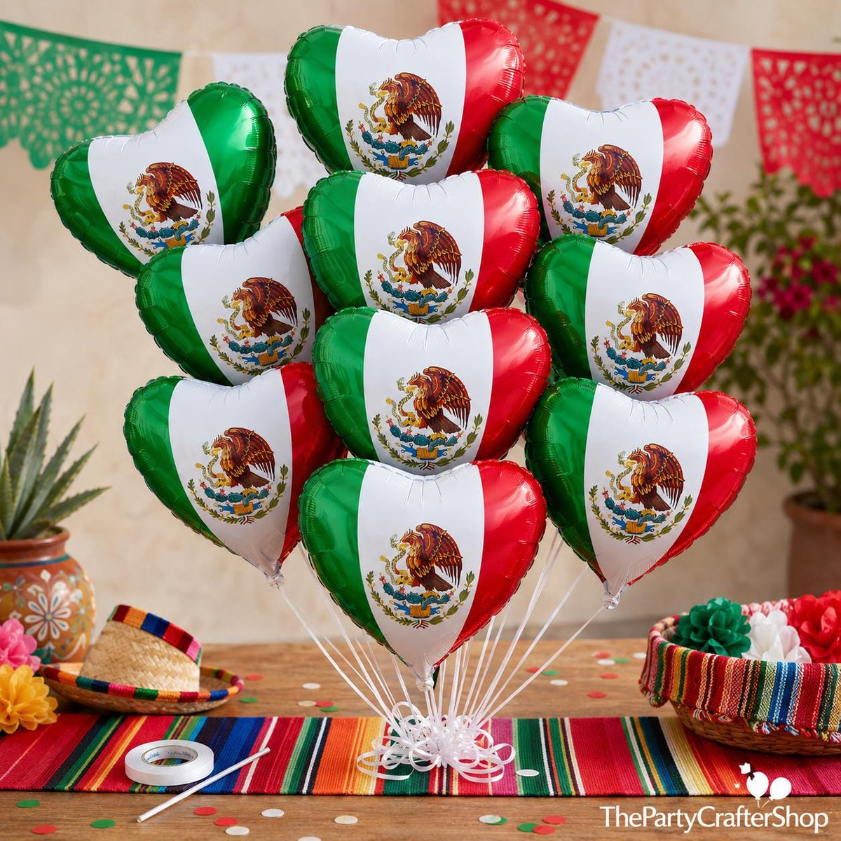 10PCS Mexican Flag Heart Foil Balloons, Fiesta Party Decor