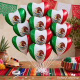 10PCS Mexican Flag Heart Foil Balloons, Fiesta Party Decor