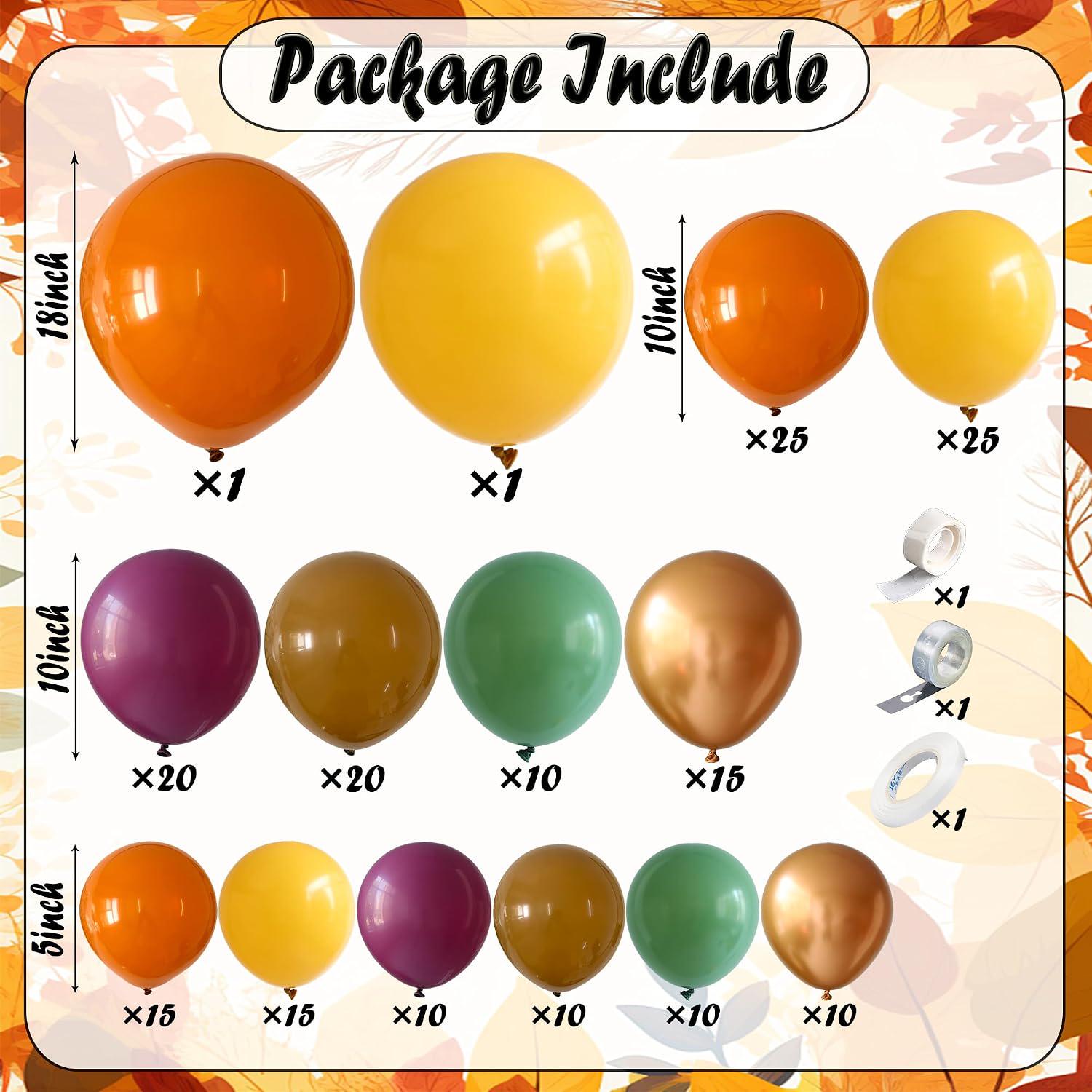 190PCS Fall Balloon Arch Kit, Burnt Orange Yellow Balloon Garland, Thanksgiving Harvest Birthday Autumn Party Decorations