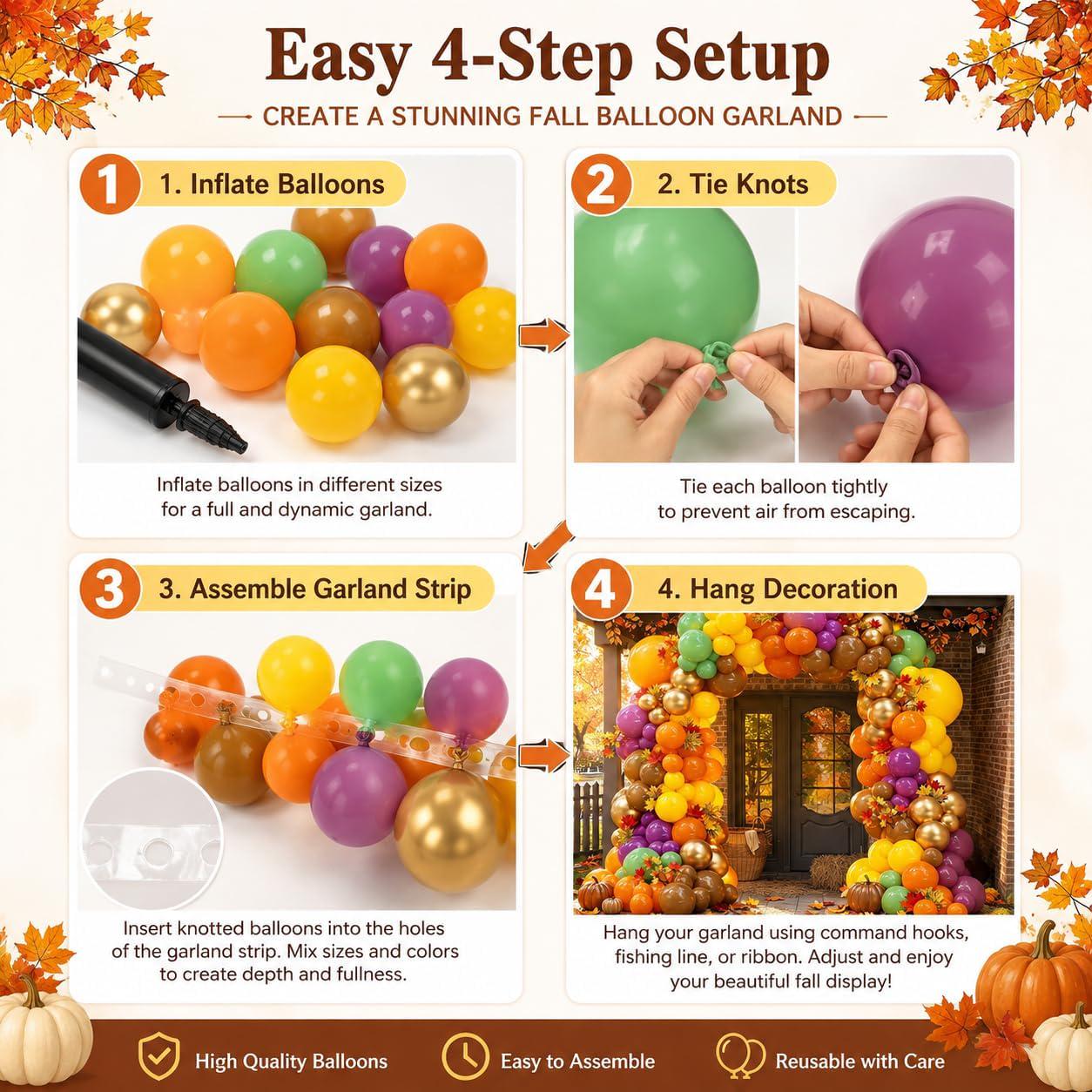 190PCS Fall Balloon Arch Kit, Burnt Orange Yellow Balloon Garland, Thanksgiving Harvest Birthday Autumn Party Decorations