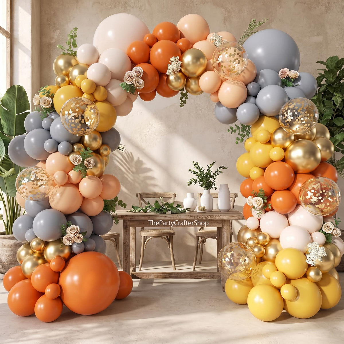 152PCS Fall Balloon Arch Kit, Dusty Orange Grey Pastel Orange Yellow White Sand Gold Confetti Thanksgiving Harvest Birthday Decor