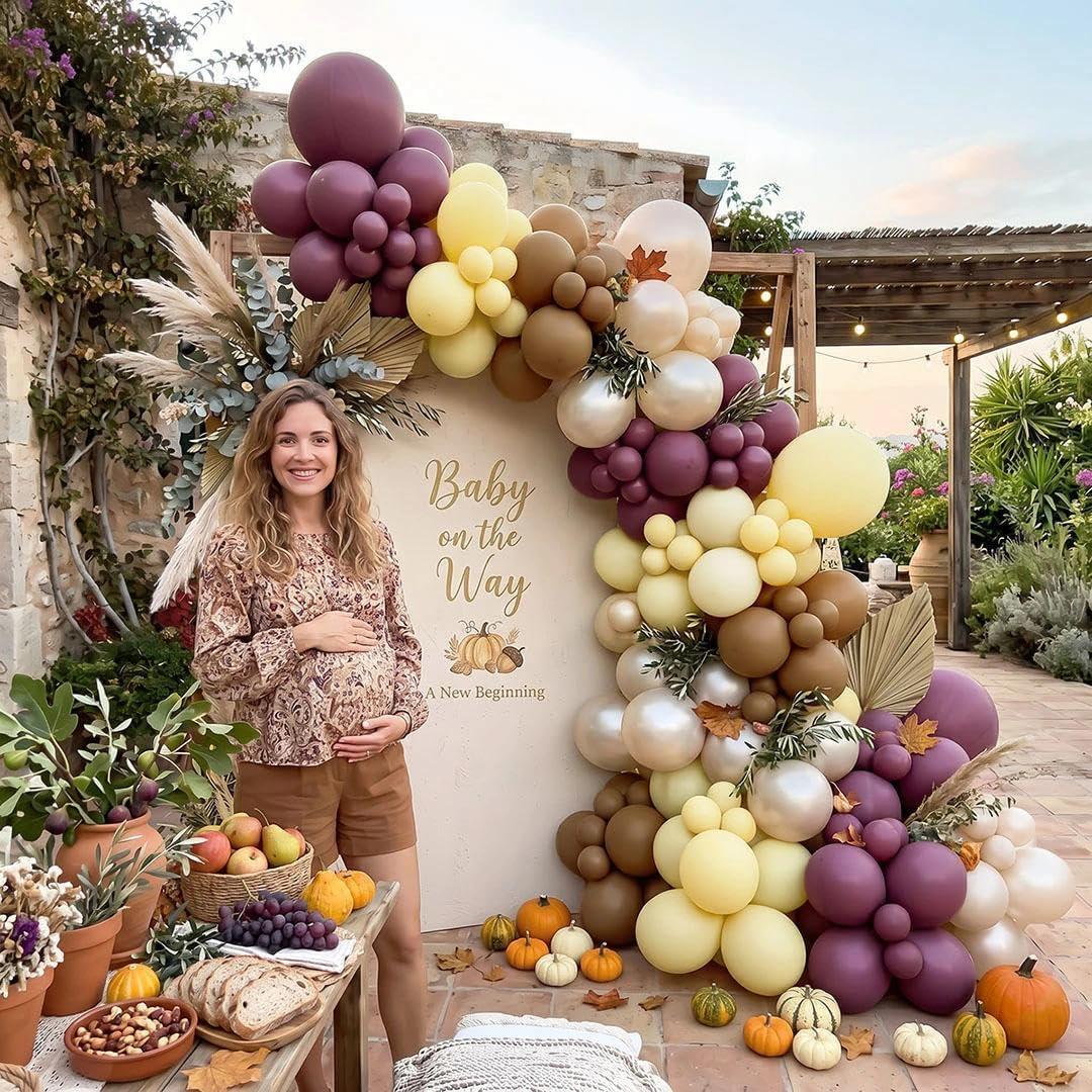 Dusty Purple Brown Balloon Arch Kit, Dark Plum Mauve Yellow Ivory Coffee Tan Garland, Baby in Bloom Bridal Shower Wedding Fall Decor