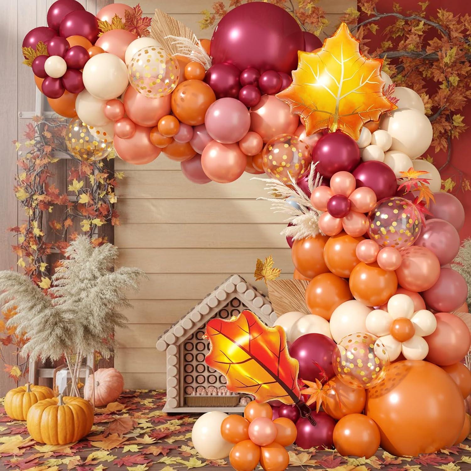 164PCS Fall Balloon Garland Arch Kit, Orange Yellow White Sand Heliotrope Balloons, Little Pumpkin Thanksgiving Baby Shower Decor