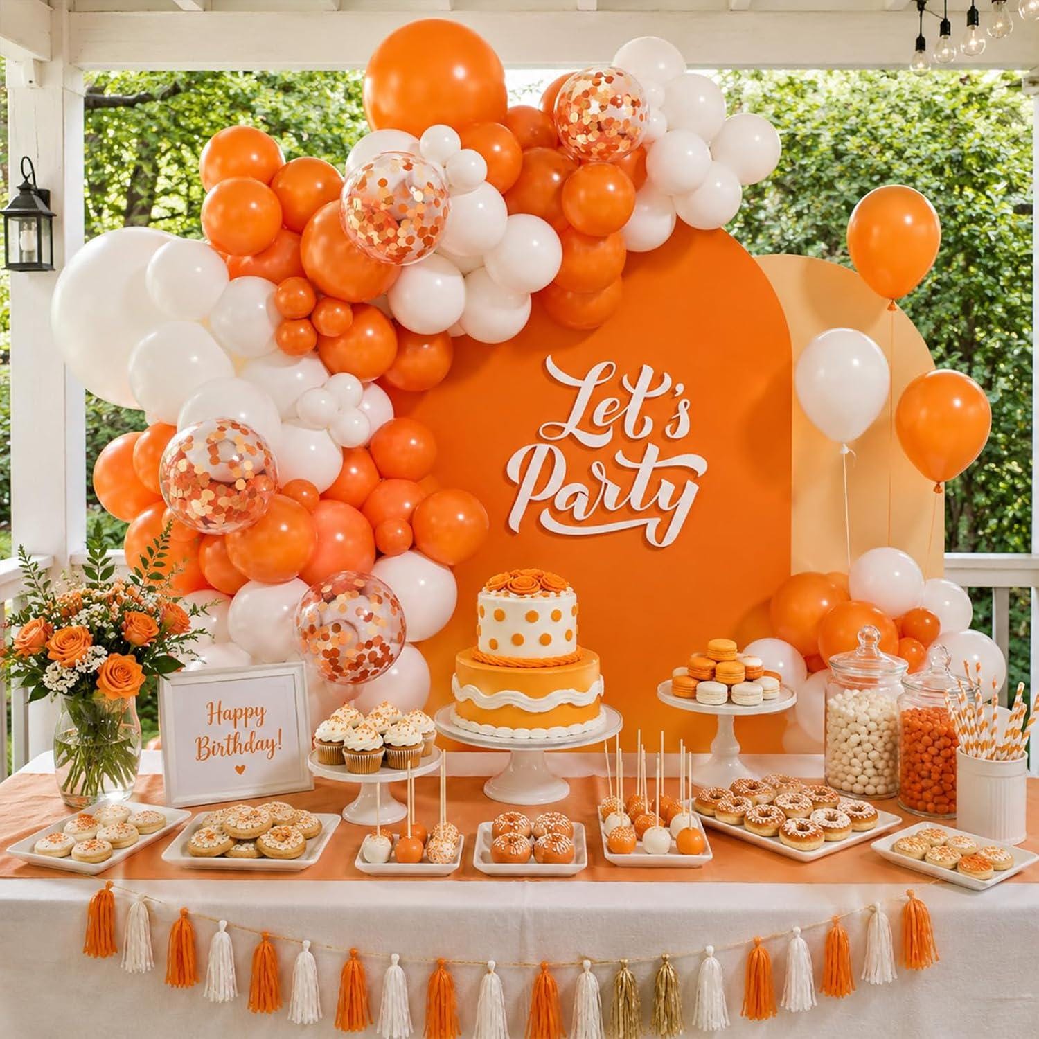 131PCS Orange White Balloon Arch Kit, Confetti Balloon Garland, Orange Graduation Birthday Party Decorations