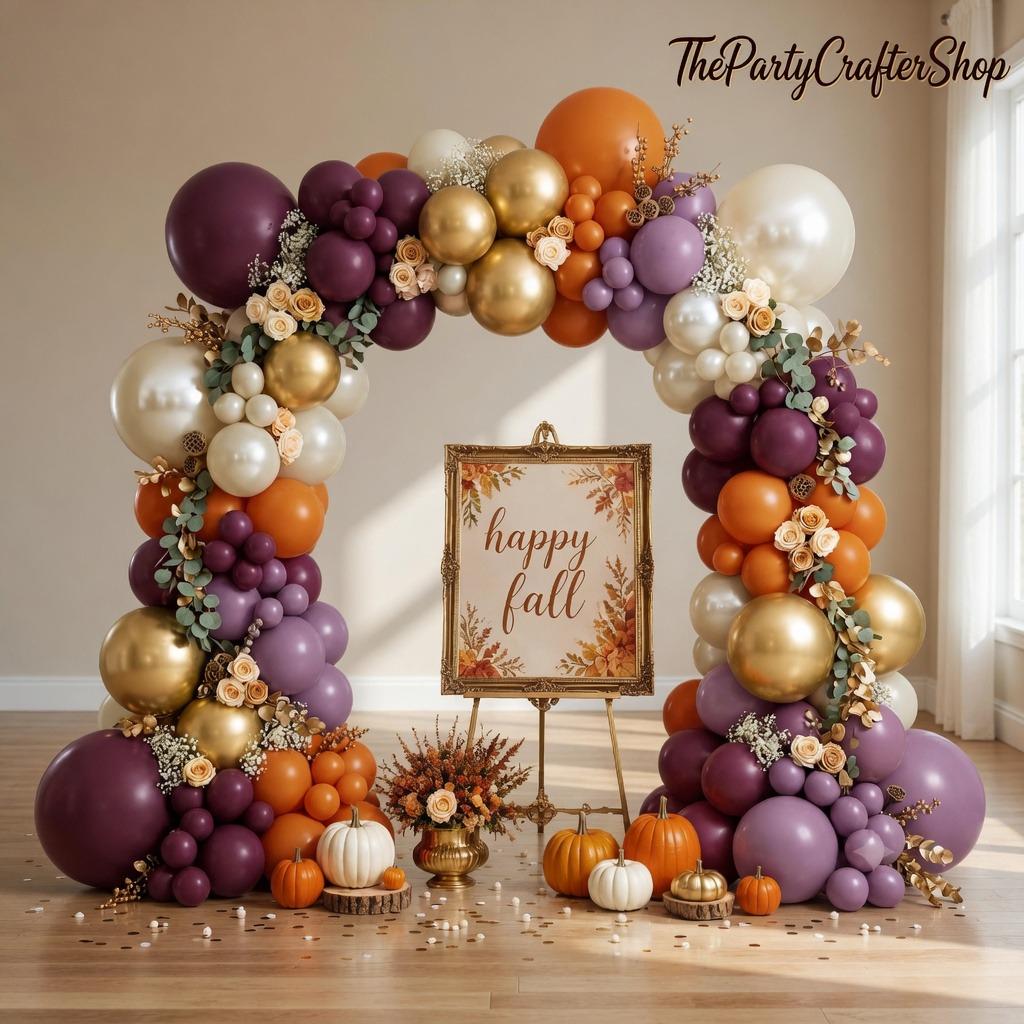 Purple Orange Balloon Arch Kit, Dark Purple Lavender Plum Pearl White Sand Gold Garland, Fall Baby Shower Wedding Pumpkin Party Decor