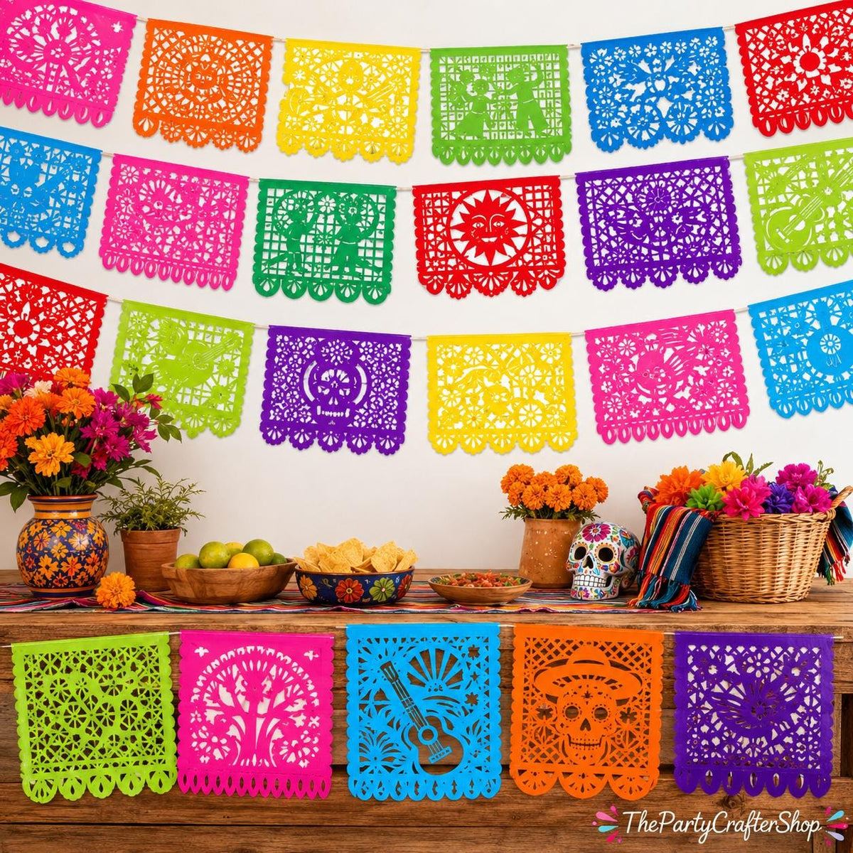 Mexican Papel Picado Banner Set, 5 Pack Plastic Fiesta Garland, Cinco de Mayo Decor