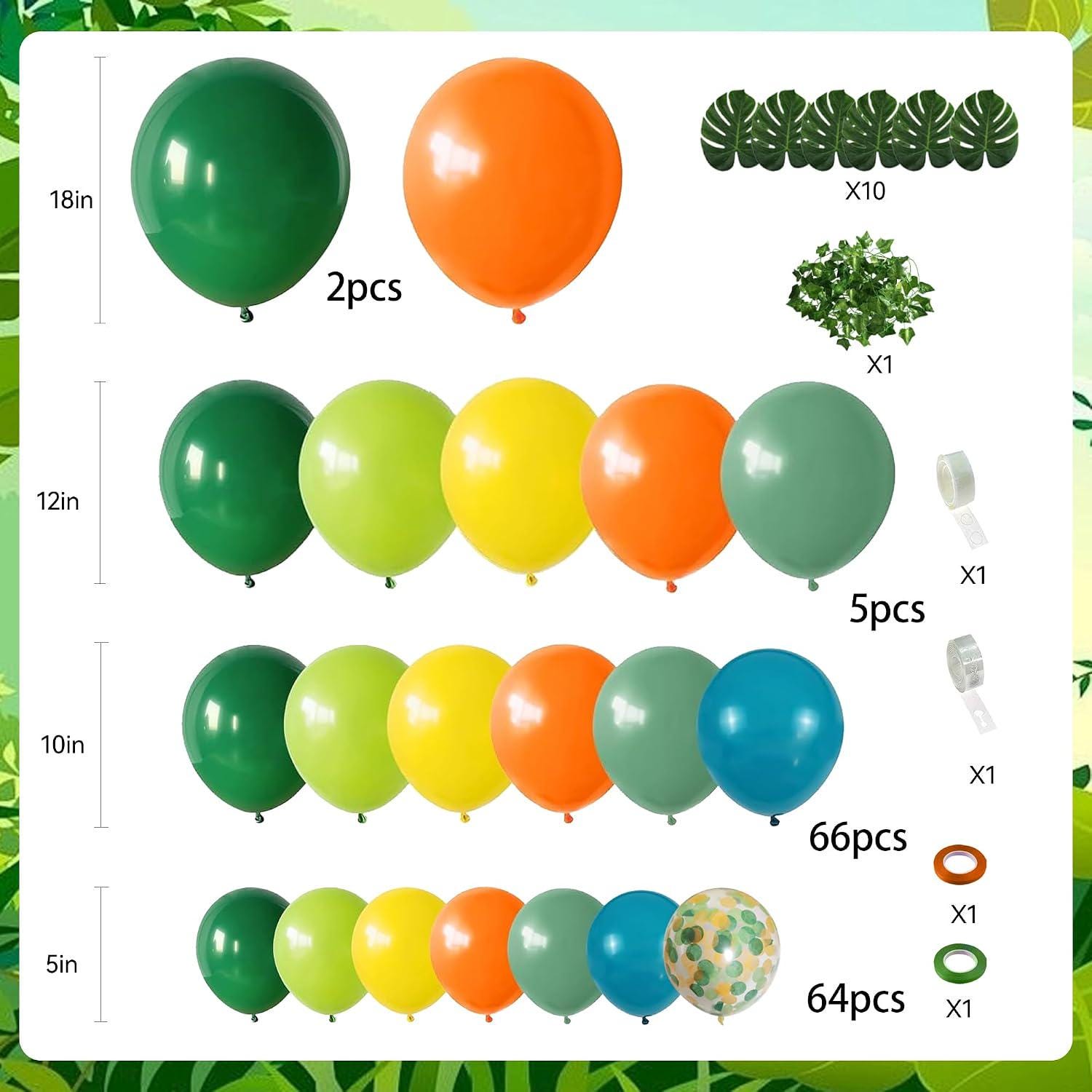 142PCS Dinosaur Balloon Arch Kit, Green Orange Yellow Jungle Balloon Garland, Safari Rainforest Birthday Baby Shower Party Decor