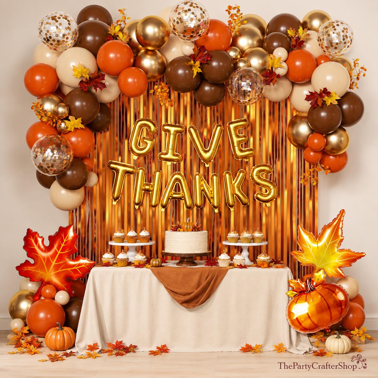 90PCS Give Thanks Foil Balloon Arch Kit, Burnt Orange Brown Blush Gold Confetti Balloons, Pumpkin Maple Leaf Thanksgiving Party Decor