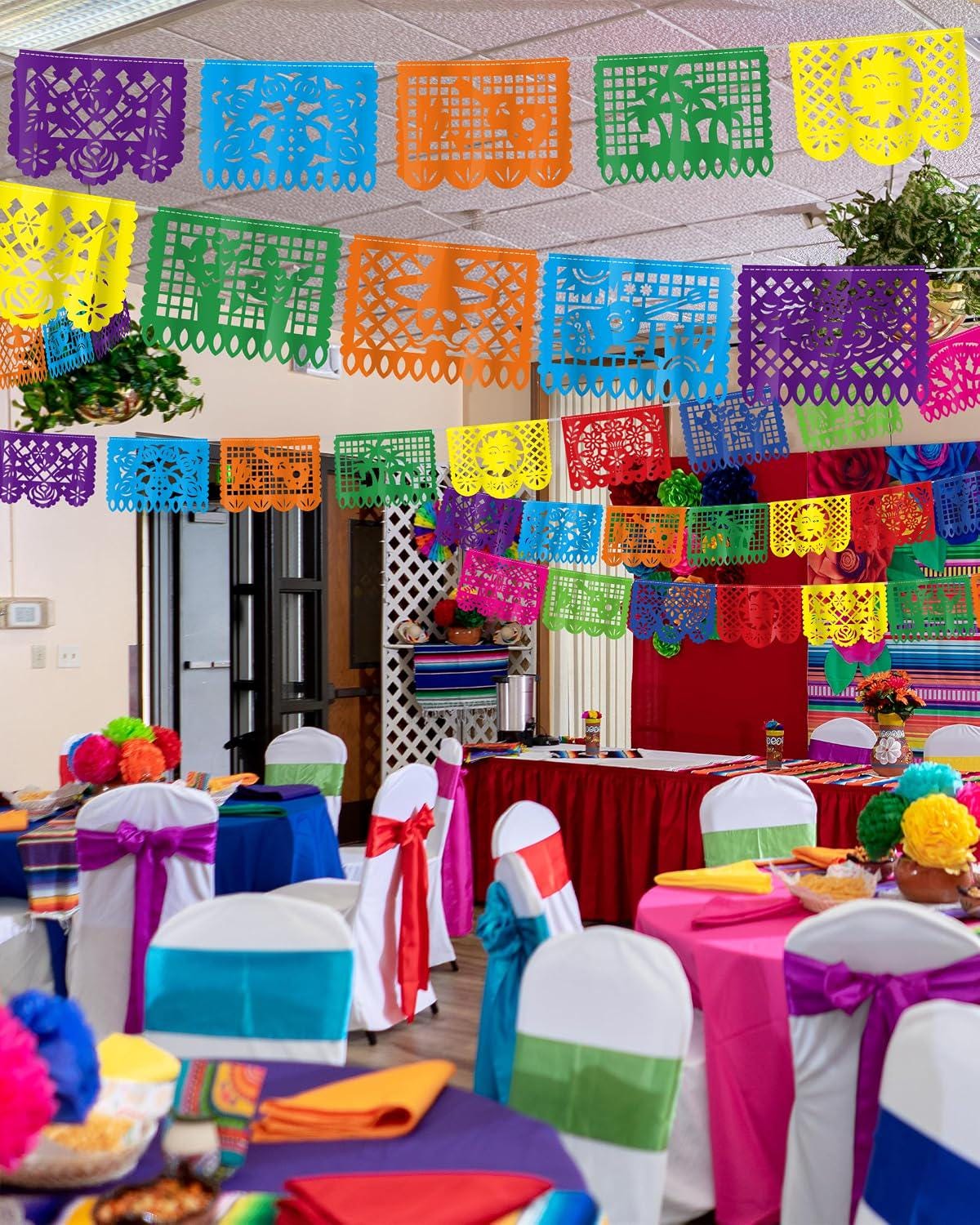 Fiesta Papel Picado Banner Set, 72FT Mexican Party Garland, Colorful Plastic Flags (4 Pack)