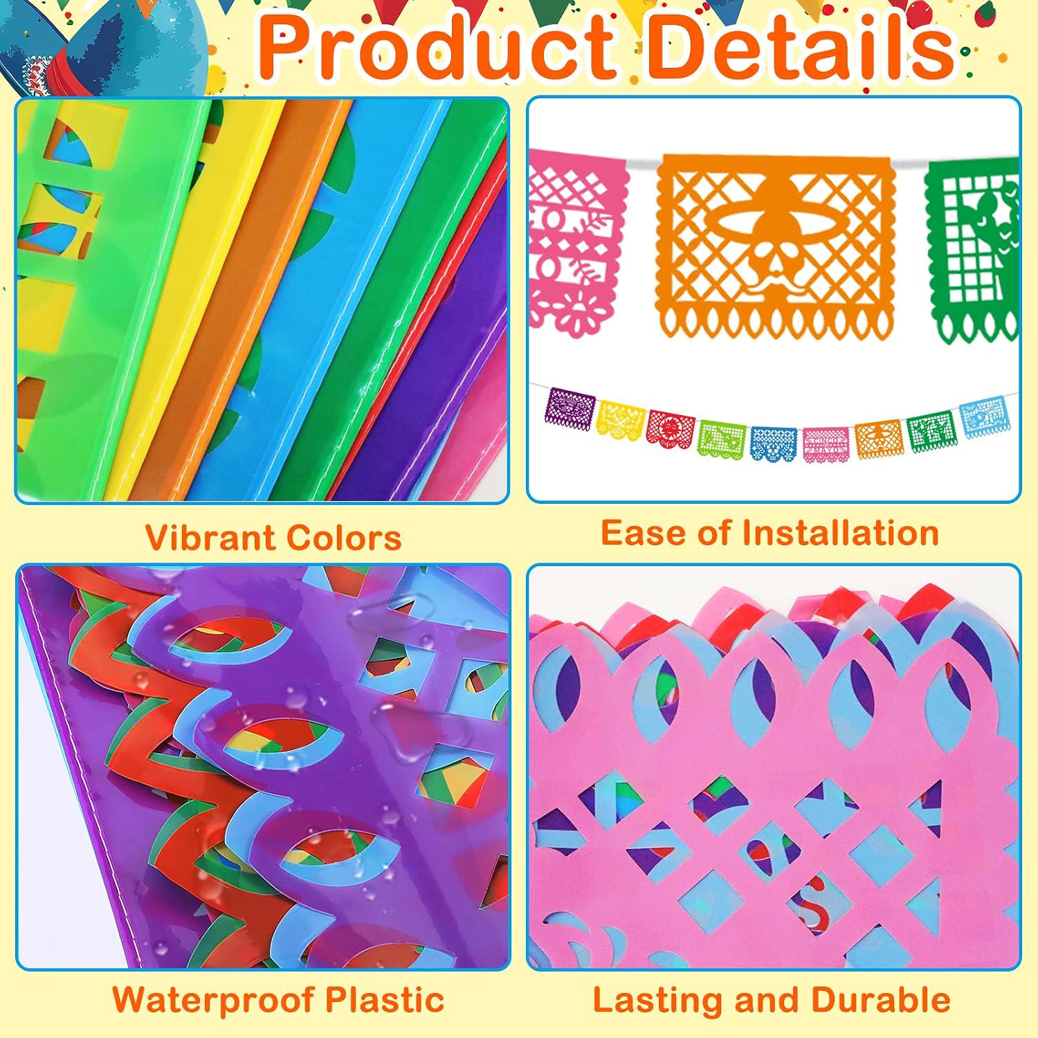 Papel Picado Banner Set, Mexican Fiesta Plastic Flags, Dia de los Muertos Decor